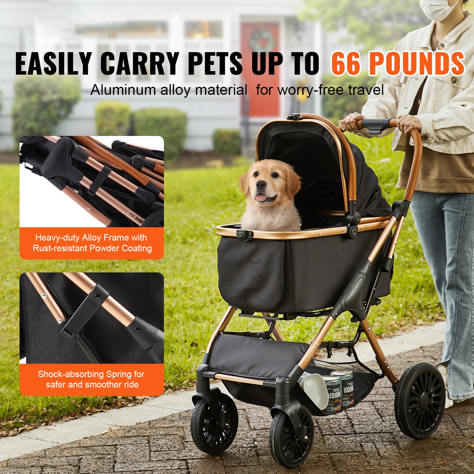 Pet Stroller, 4 Wheels Dog Stroller Rotate with Brakes, 66 lbs Weight Capacity, Puppy Stroller with Detachable Carrier, Storage Basket and Pet Pad, for Small to Medium Sized Dogs, Black