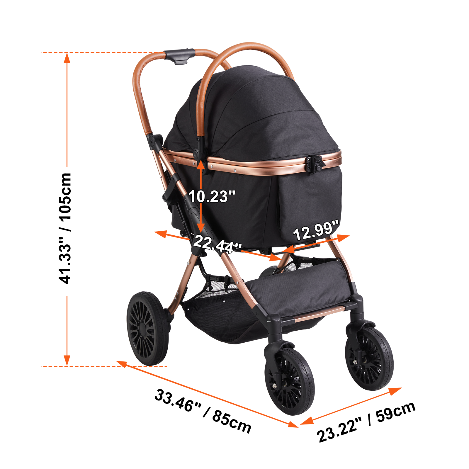 Pet Stroller, 4 Wheels Dog Stroller Rotate with Brakes, 66 lbs Weight Capacity, Puppy Stroller with Detachable Carrier, Storage Basket and Pet Pad, for Small to Medium Sized Dogs, Black