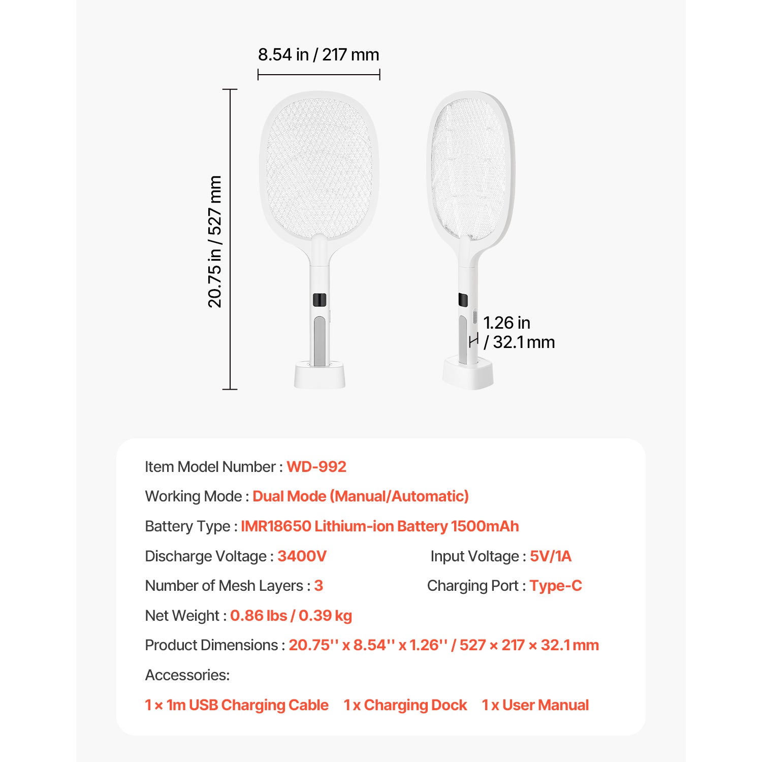 Electric Fly Swatter 3 Layers Mesh & Screen Display 1500mAh Battery White