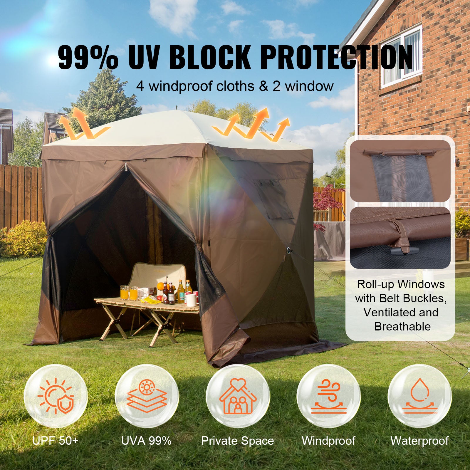 Pop Up Gazebo Tent, Pop-Up Screen Tent 4 Sided Canopy Sun Shelter with 4 Removable Privacy Wind Cloths & Mesh Windows, 6x6FT Quick Set Screen Tent with Mosquito Netting, Brown