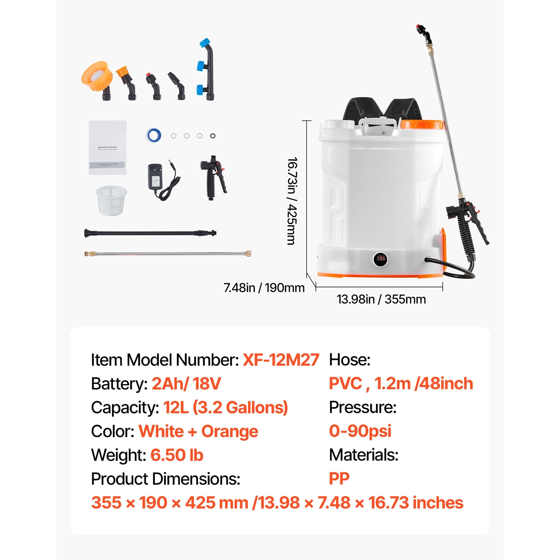 3.2 Gallon Battery Powered Backpack Sprayer 0-90 PSI 2H Runtime for Yard Lawn