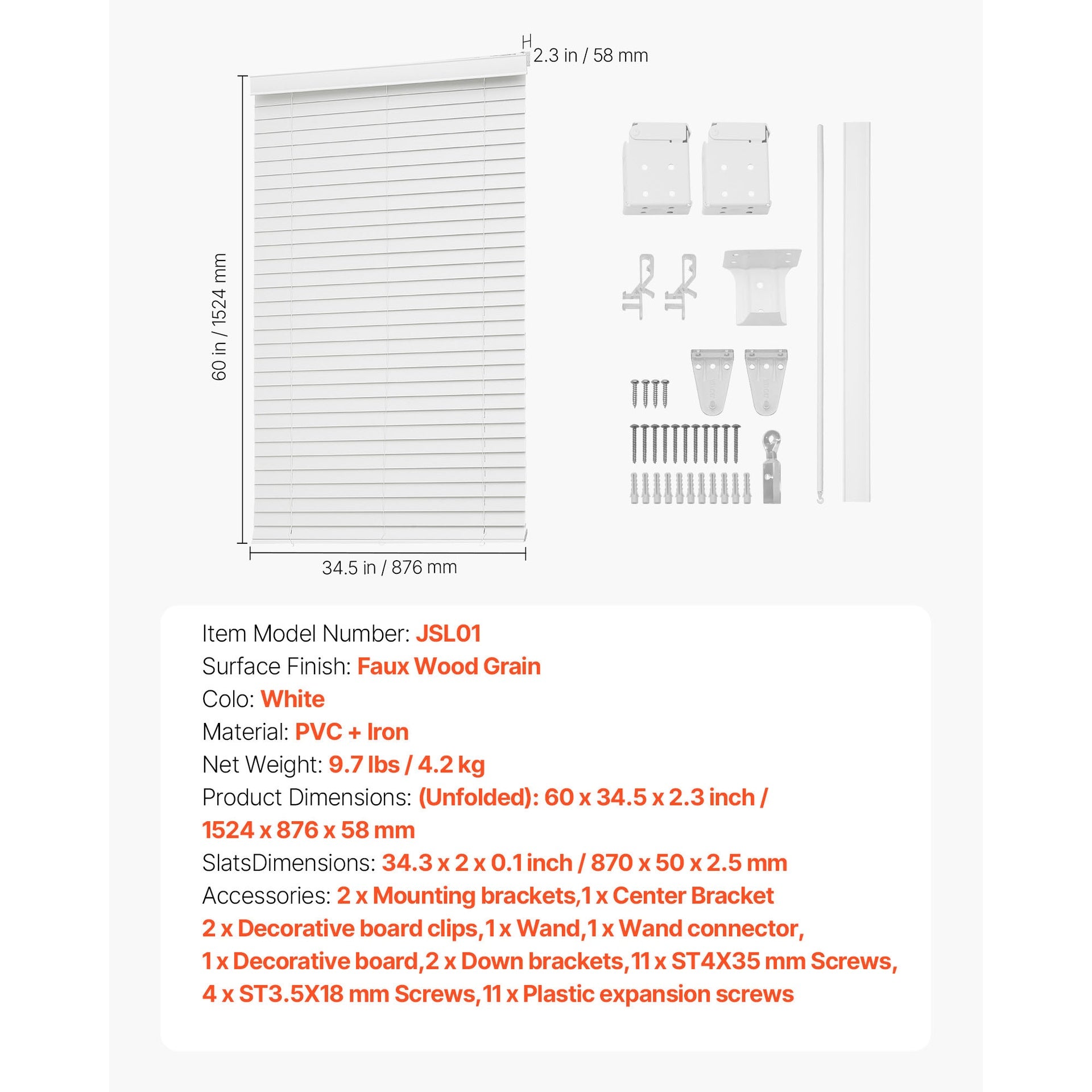 Faux Wood Blinds 2" Slat 34.5" W x 60" H Cordless Window Blinds and Shades White
