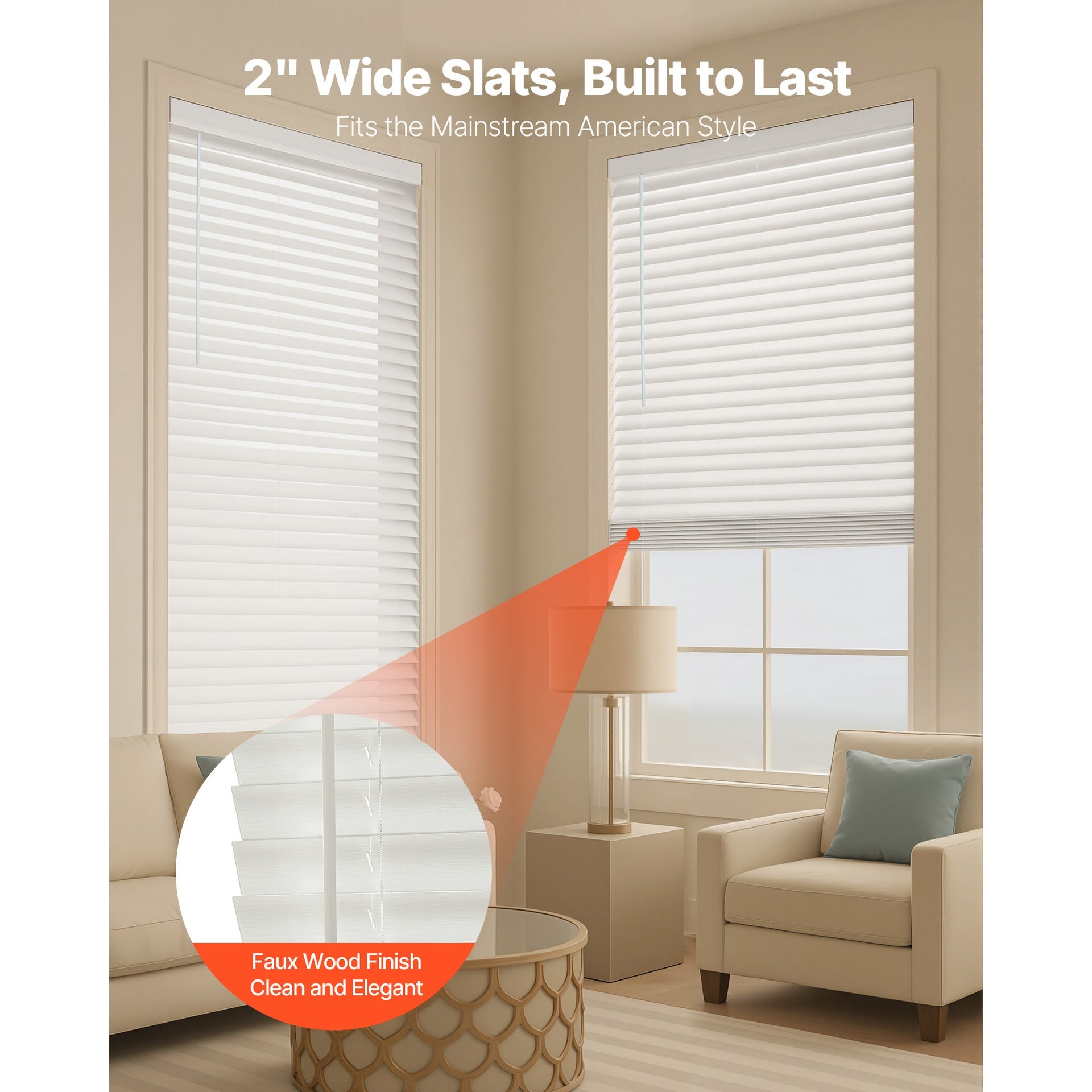 Faux Wood Blinds 2" Slat 34.5" W x 60" H Cordless Window Blinds and Shades White