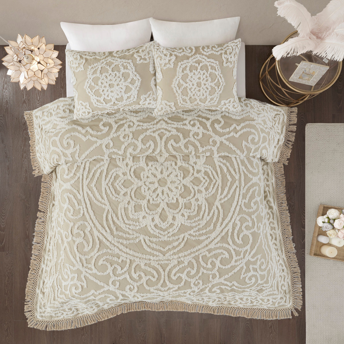 Tufted Cotton Chenille Medallion Fringe Coverlet Mini Set Taupe King/Cal King