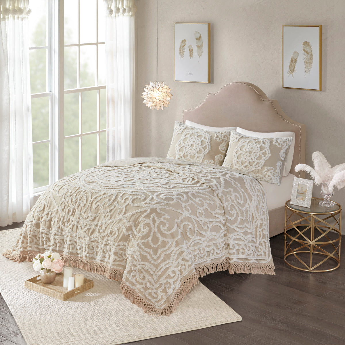 Tufted Cotton Chenille Medallion Fringe Coverlet Mini Set Taupe King/Cal King