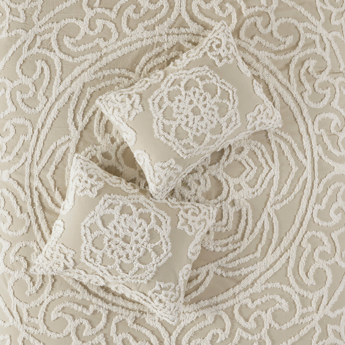 Tufted Cotton Chenille Medallion Fringe Coverlet Mini Set Taupe King/Cal King