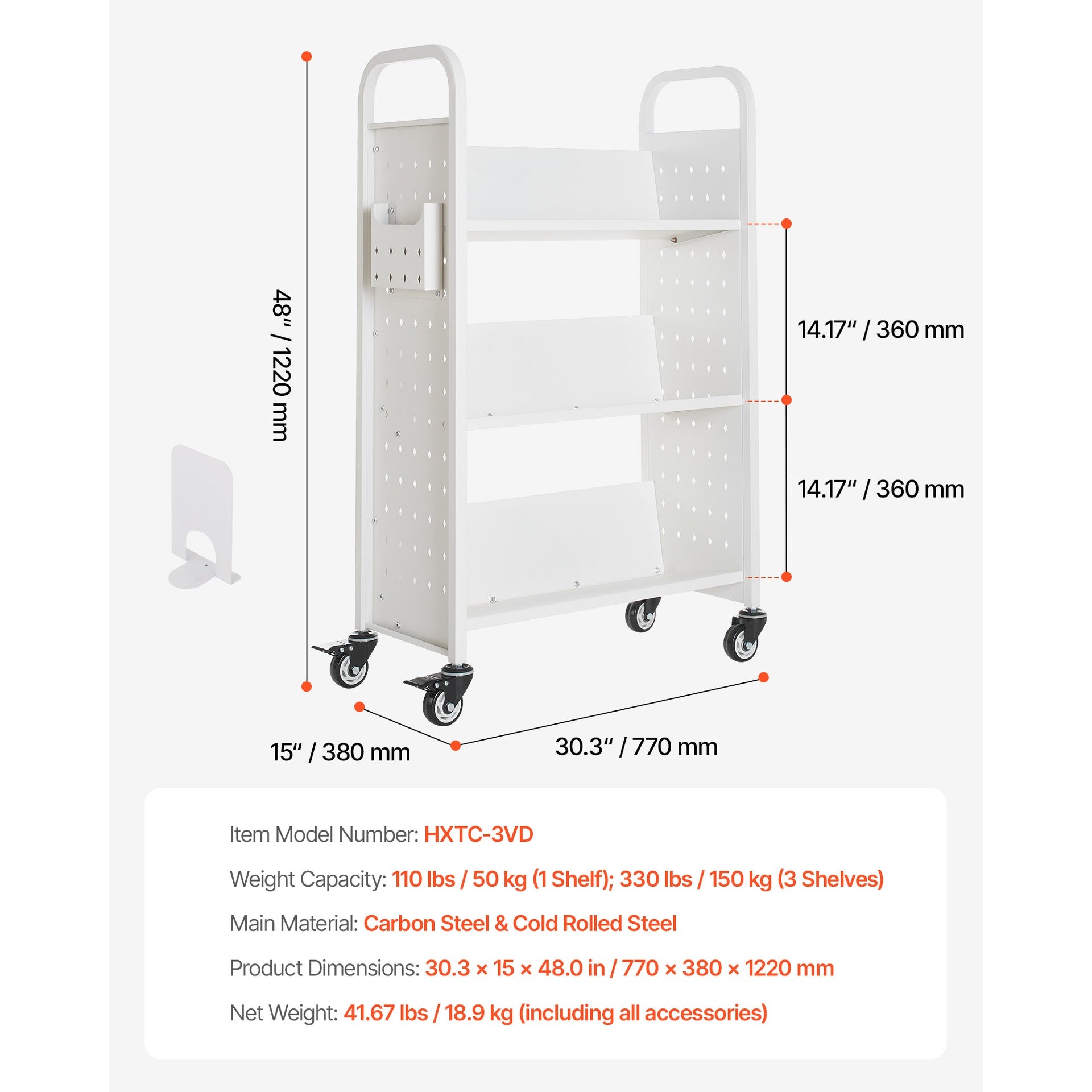 3-Tier Rolling Book Cart Single Sided V-Shaped Shelves Book Truck in White
