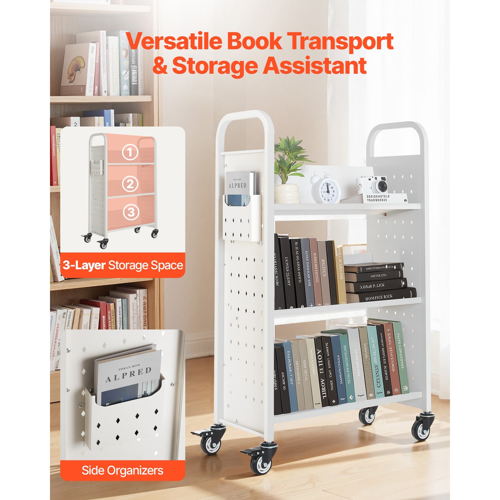 3-Tier Rolling Book Cart Single Sided V-Shaped Shelves Book Truck in White