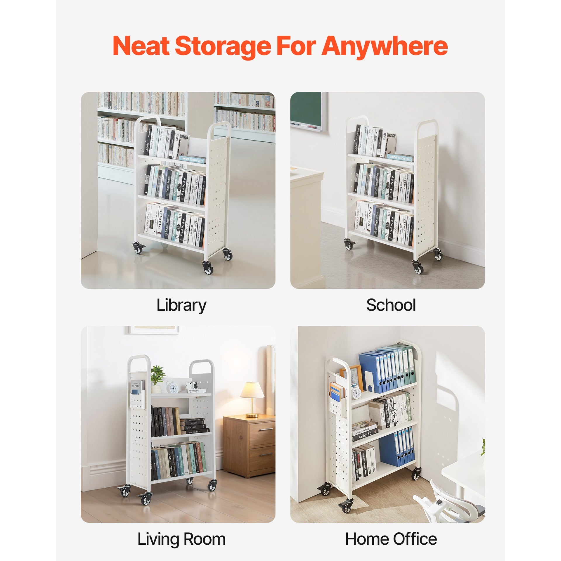 3-Tier Rolling Book Cart Single Sided V-Shaped Shelves Book Truck in White