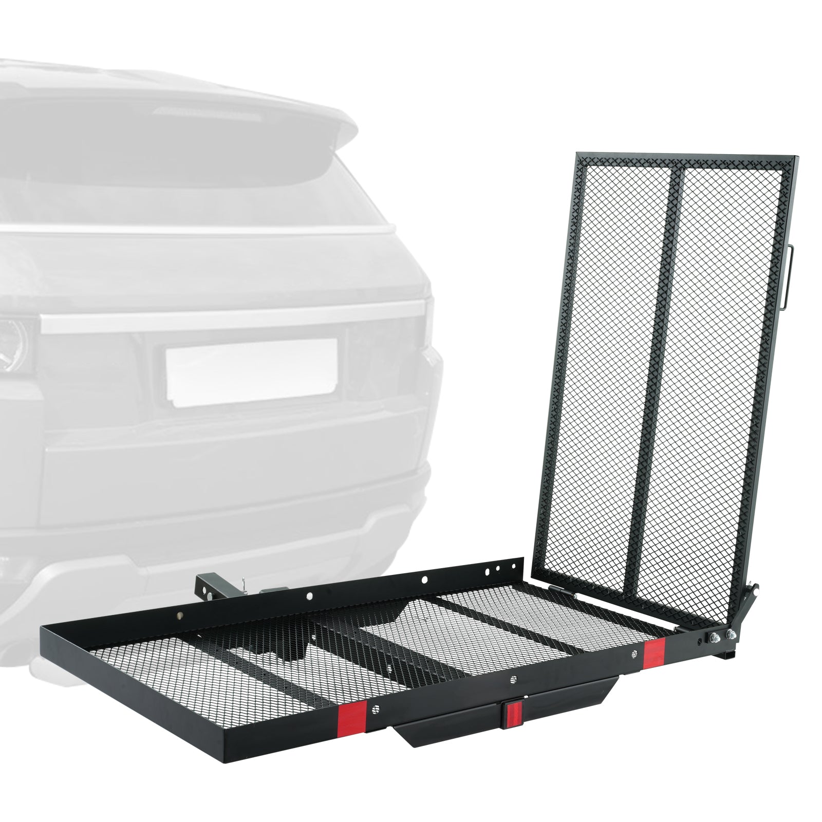 Hitch Mount Cargo Carrier, 45.3" x 25.6" Iron Hitch Cargo Rack with Folding Ramp, Hitch Rack Basket with Stabilizer and Straps, 500LBS Mobility Scooter Carrier Fit 2" Hitch Receiver