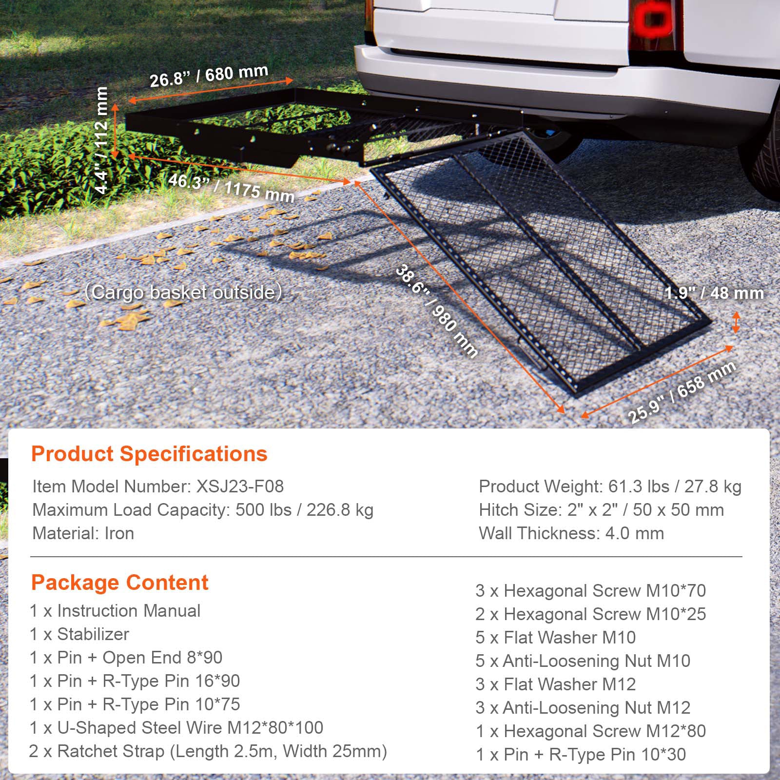 Hitch Mount Cargo Carrier, 45.3" x 25.6" Iron Hitch Cargo Rack with Folding Ramp, Hitch Rack Basket with Stabilizer and Straps, 500LBS Mobility Scooter Carrier Fit 2" Hitch Receiver