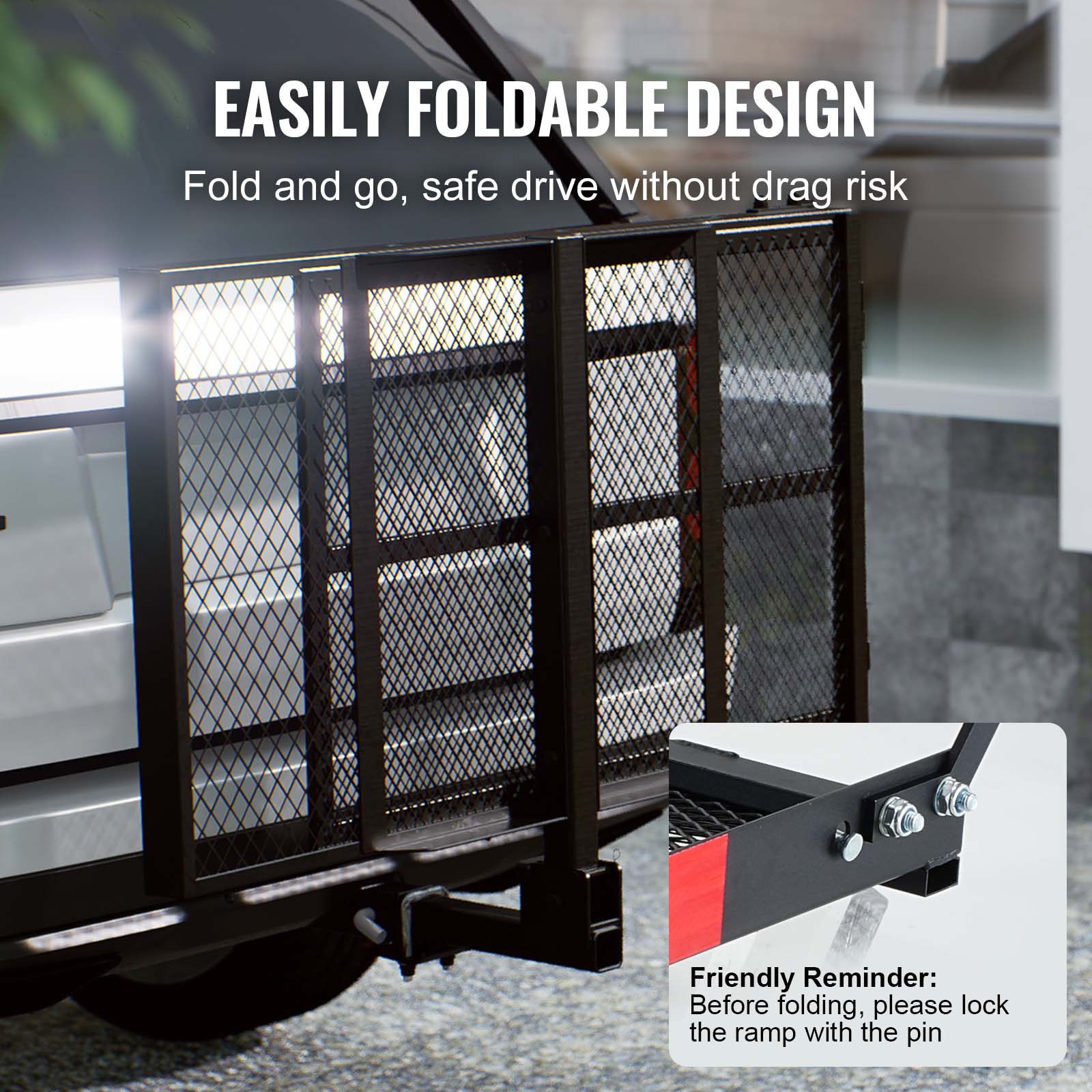 Hitch Mount Cargo Carrier, 45.3" x 25.6" Iron Hitch Cargo Rack with Folding Ramp, Hitch Rack Basket with Stabilizer and Straps, 500LBS Mobility Scooter Carrier Fit 2" Hitch Receiver