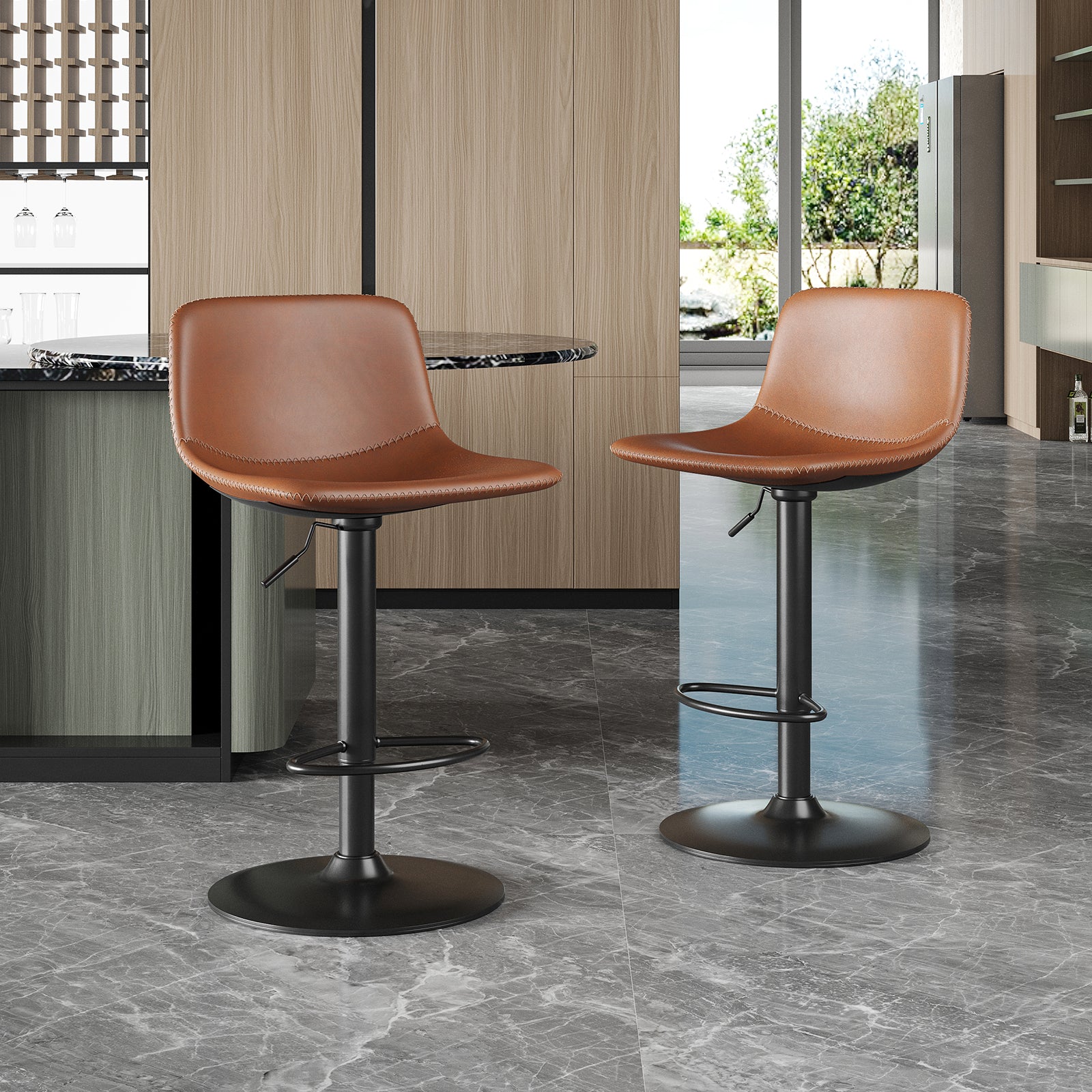 Adjustable Bar Stools Set of 2, Mid Century Modern Swivel Bar Stools, Industrial Bar Height Stools With Back Support Counter Height Bar Chairs Pu Leather Bar Stool for Kitchen Island Rustic Barstools