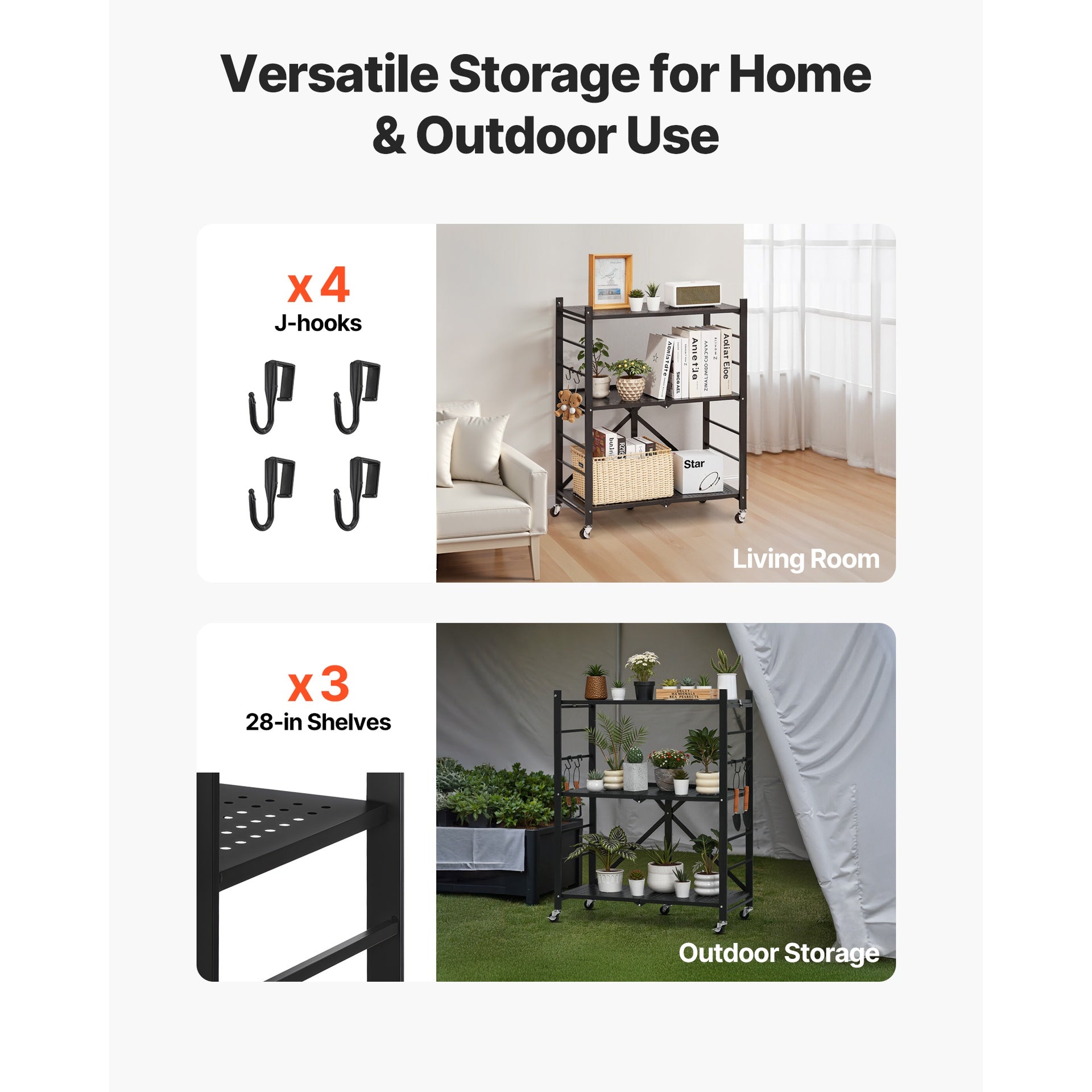 3-Tier Foldable Storage Shelf with Wheels 28 x 13 x 36-inch Metal Shelving