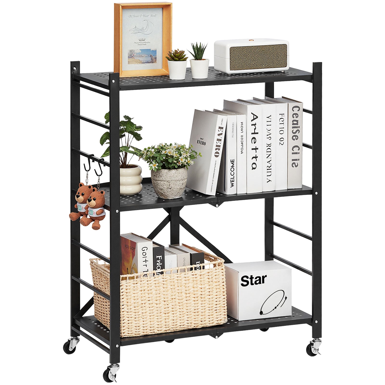 3-Tier Foldable Storage Shelf with Wheels 28 x 13 x 36-inch Metal Shelving