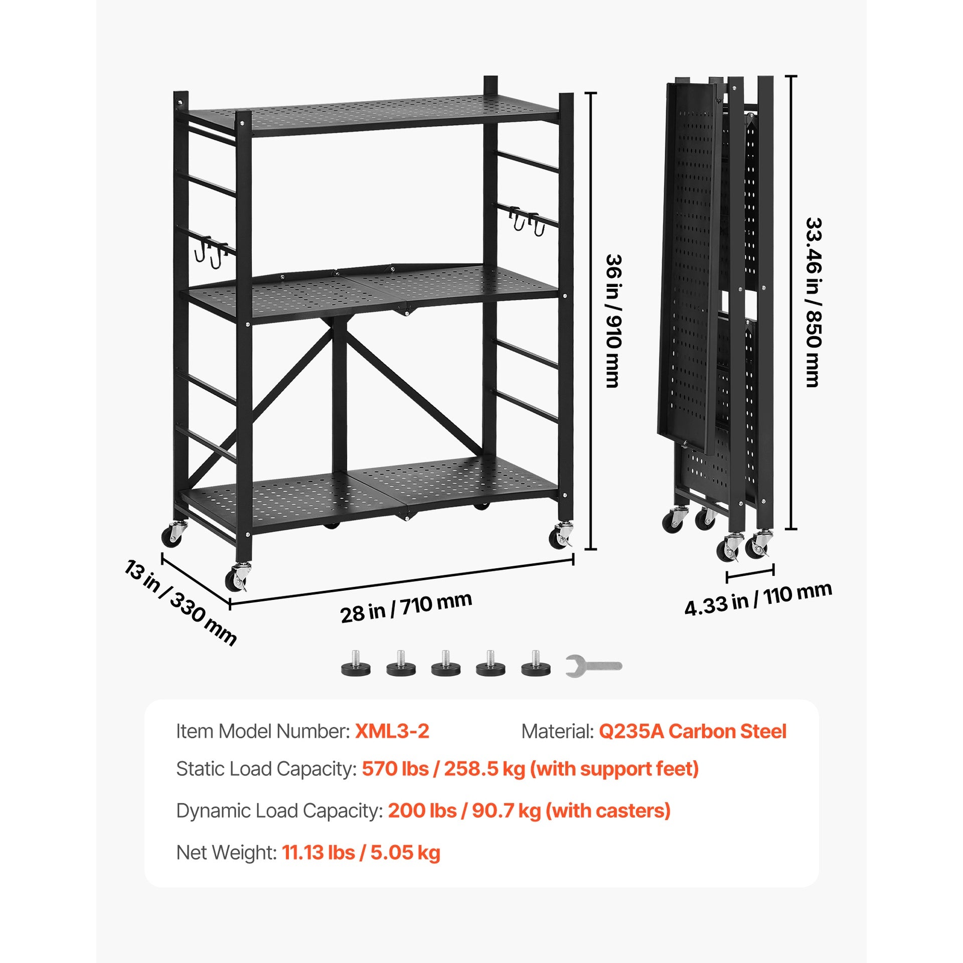 3-Tier Foldable Storage Shelf with Wheels 28 x 13 x 36-inch Metal Shelving