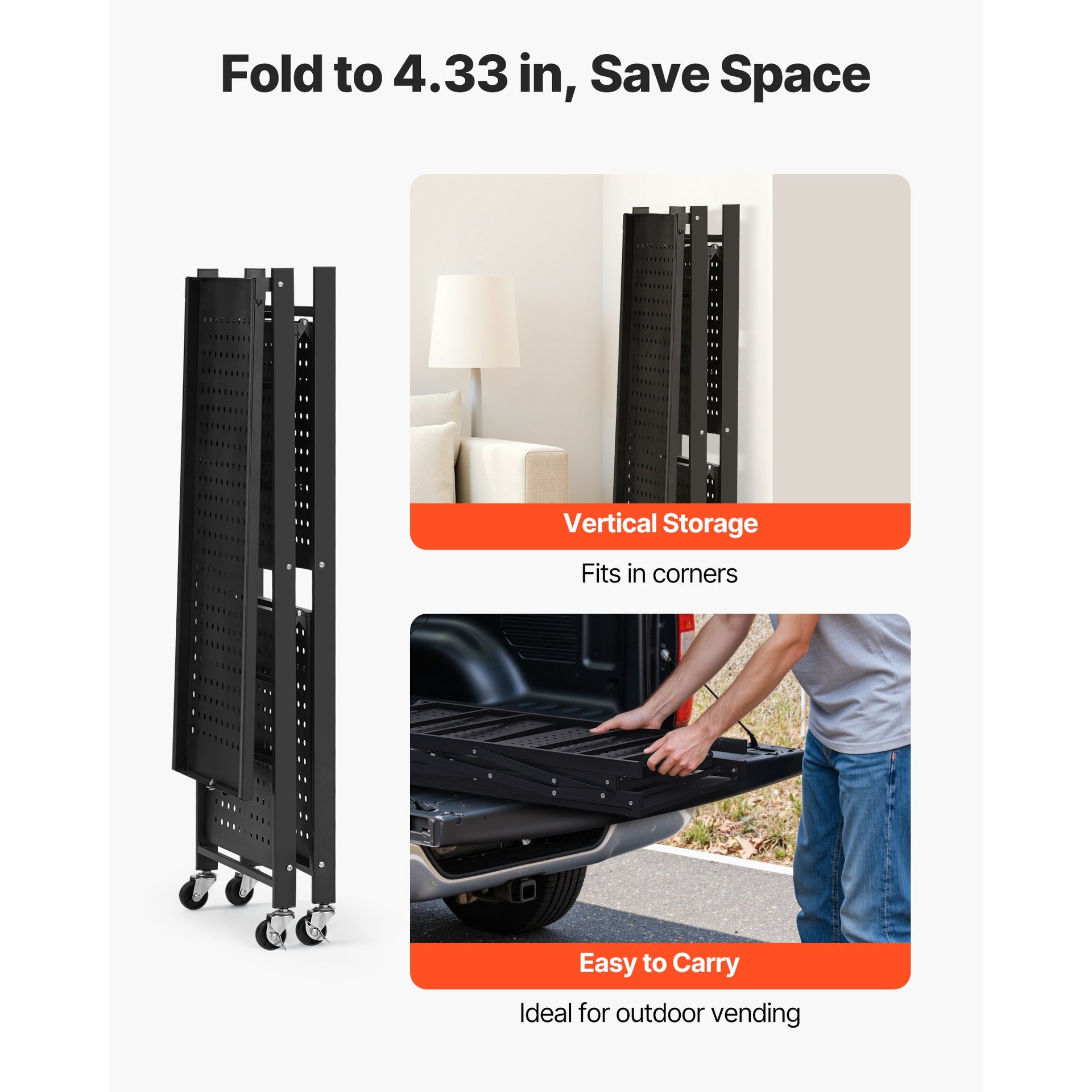3-Tier Foldable Storage Shelf with Wheels 28 x 13 x 36-inch Metal Shelving