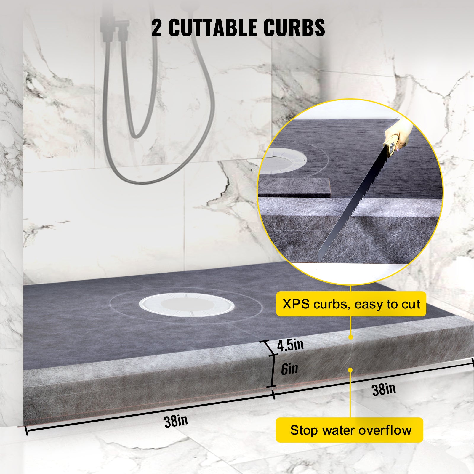 Shower Curb Kit, 38"x60" Watertight Shower Curb Overlay with 4" PVC Central Bonding Flange, 4" Stainless Steel Grate, 2 Cuttable Shower Curb and Trowel, Shower Pan Slope Sticks Fit for Bathroom