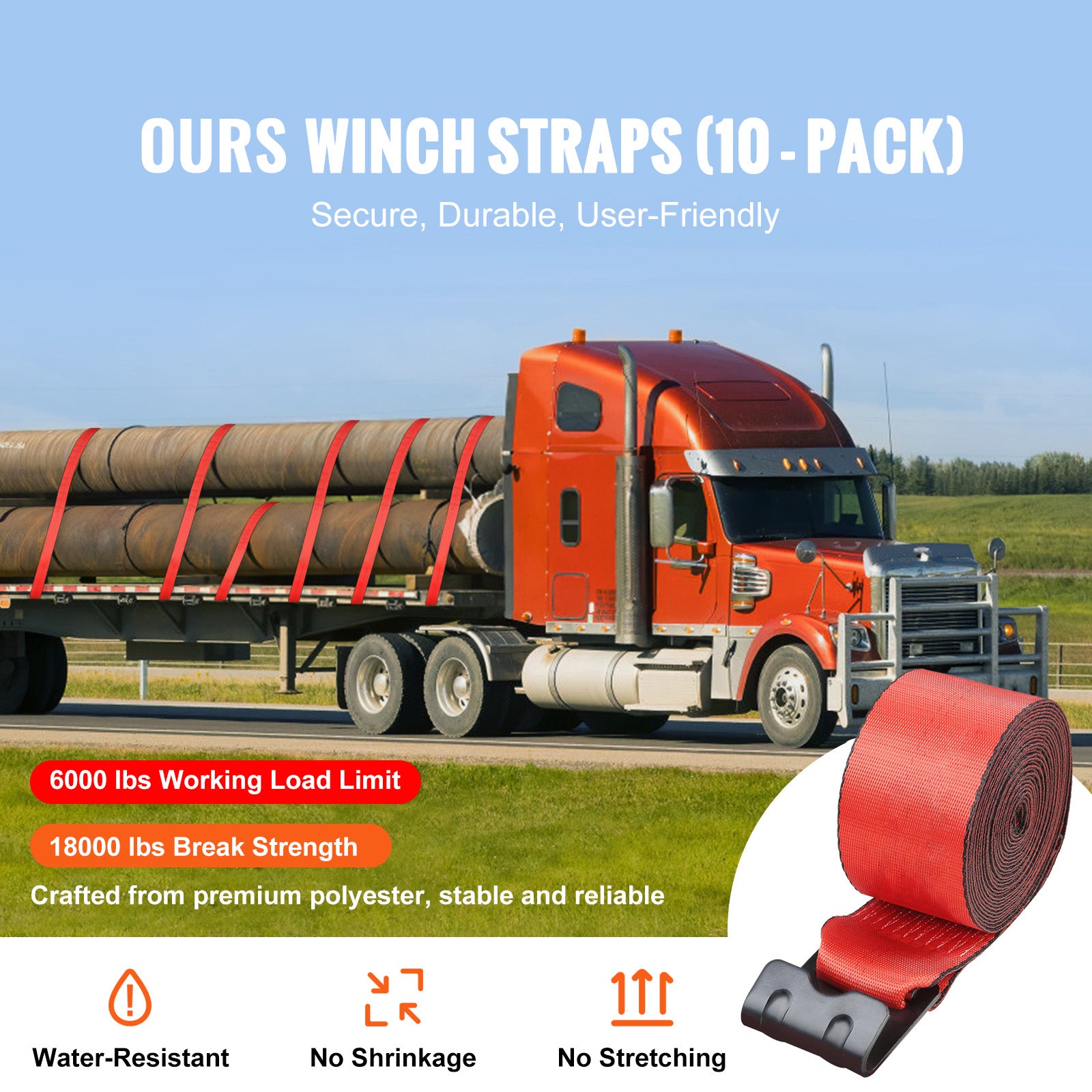 Winch Straps, 4" x 30', 6000 lbs Load Capacity, 18000 lbs Breaking Strength, Truck Straps with Flat Hook, Flatbed Tie Downs Cargo Control for Trailers, Farms, Rescues, Tree Saver, Red (10 Pack)