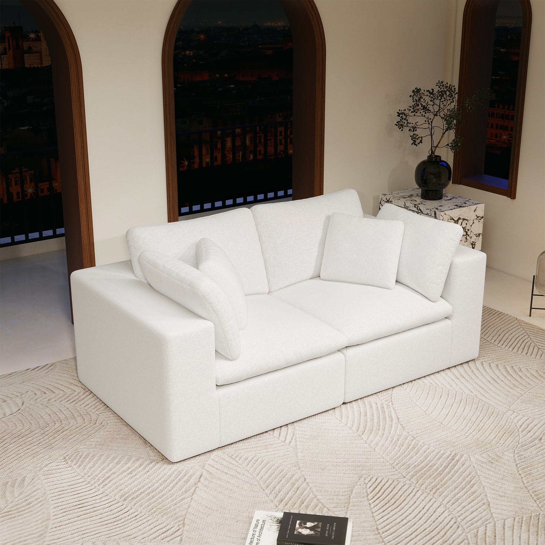 78.8*39.4"Modular sectional sofa seat,Upholstered compressed couch for living room,Bedroom,Apartment,No assembly required,2PC free combination,Plush corduroy fabric,WHITE