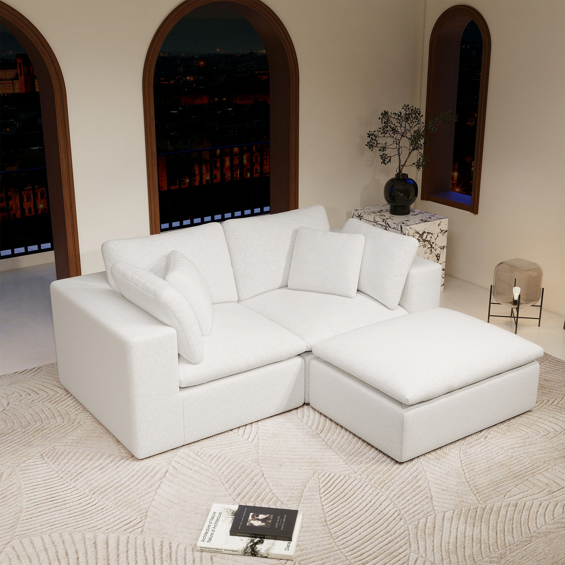 78.8*68.9"Modular sectional sofa seat,Upholstered compressed couch for living room,Bedroom,Apartment,No assembly required,3PC free combination,Plush corduroy fabric,WHITE