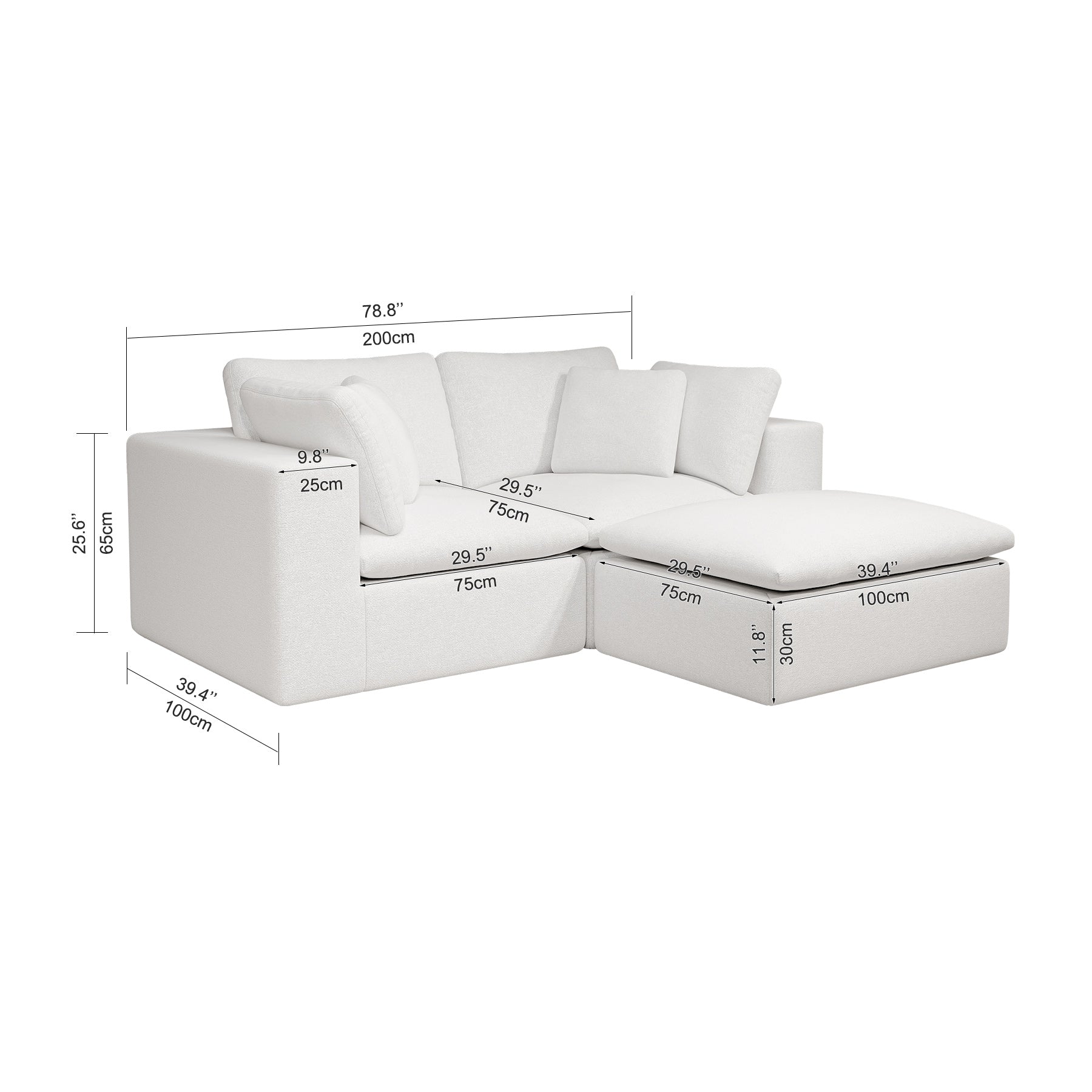78.8*68.9"Modular sectional sofa seat,Upholstered compressed couch for living room,Bedroom,Apartment,No assembly required,3PC free combination,Plush corduroy fabric,WHITE