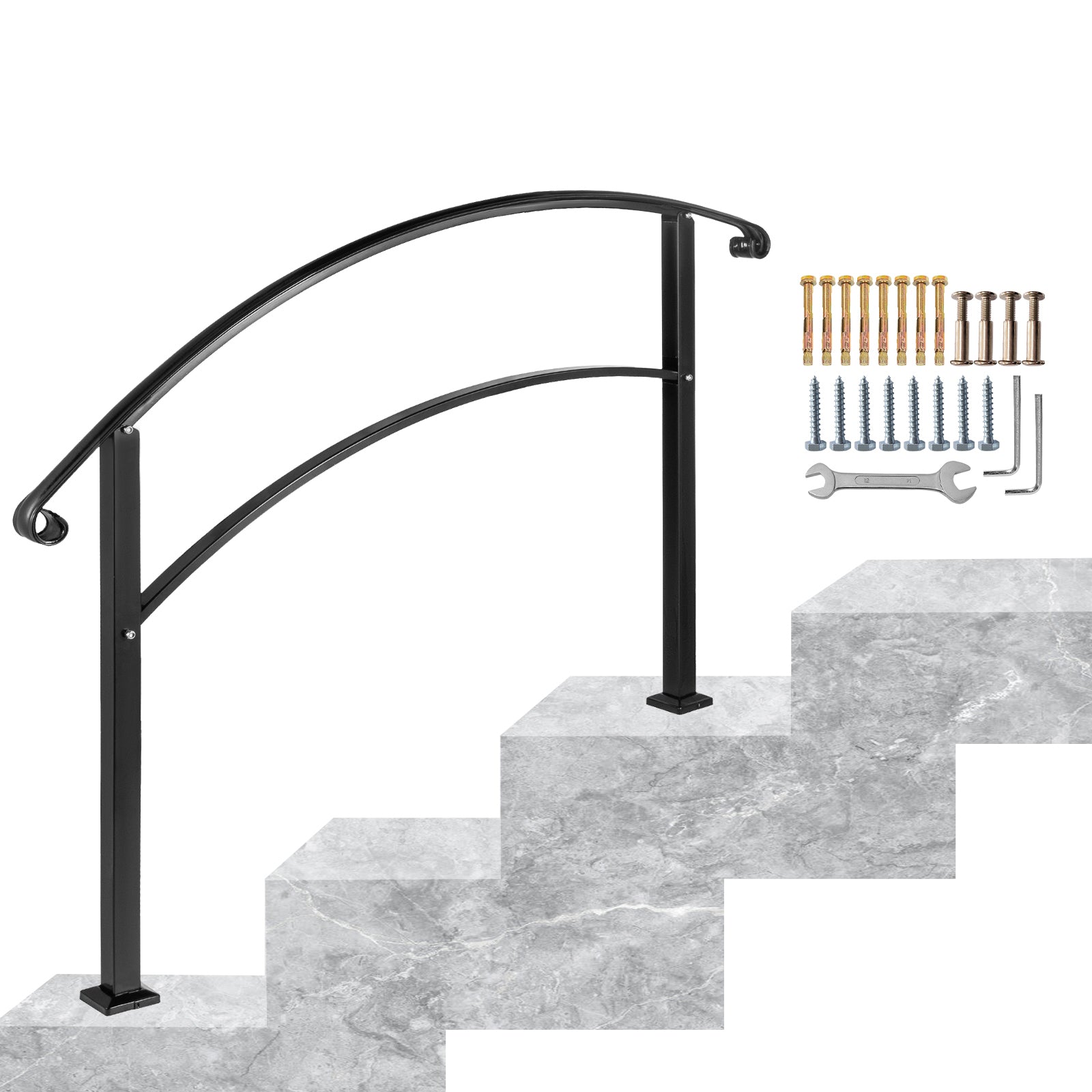 Handrails for Outdoor Steps, Fit 1 or 3 Steps Outdoor Stair Railing, Black Wrought Iron Handrail, Flexible Front Porch Hand Rail, Transitional Handrails for Concrete Steps or Wooden Stairs