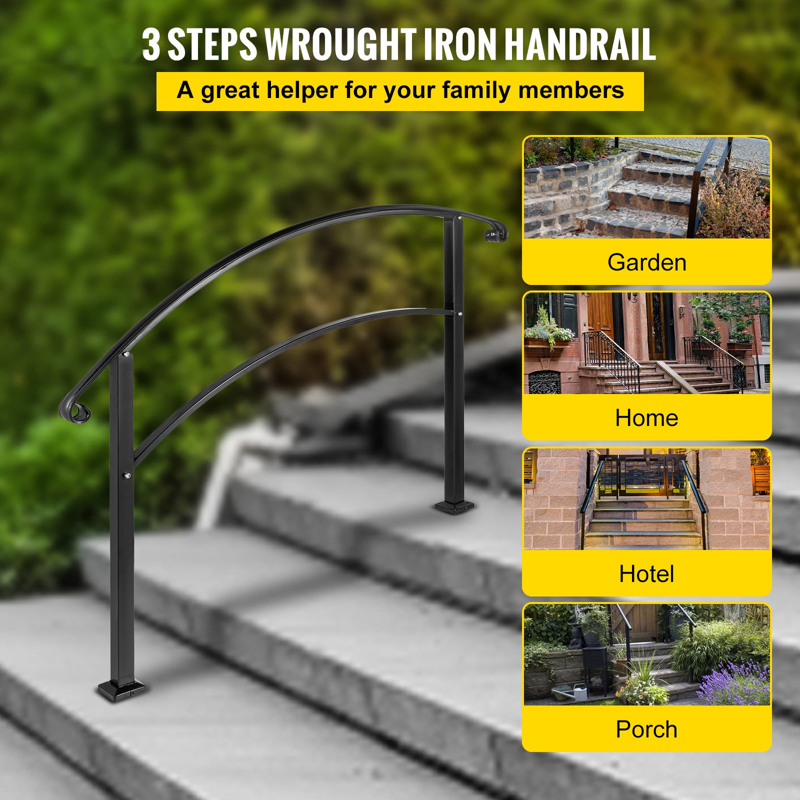 Handrails for Outdoor Steps, Fit 1 or 3 Steps Outdoor Stair Railing, Black Wrought Iron Handrail, Flexible Front Porch Hand Rail, Transitional Handrails for Concrete Steps or Wooden Stairs