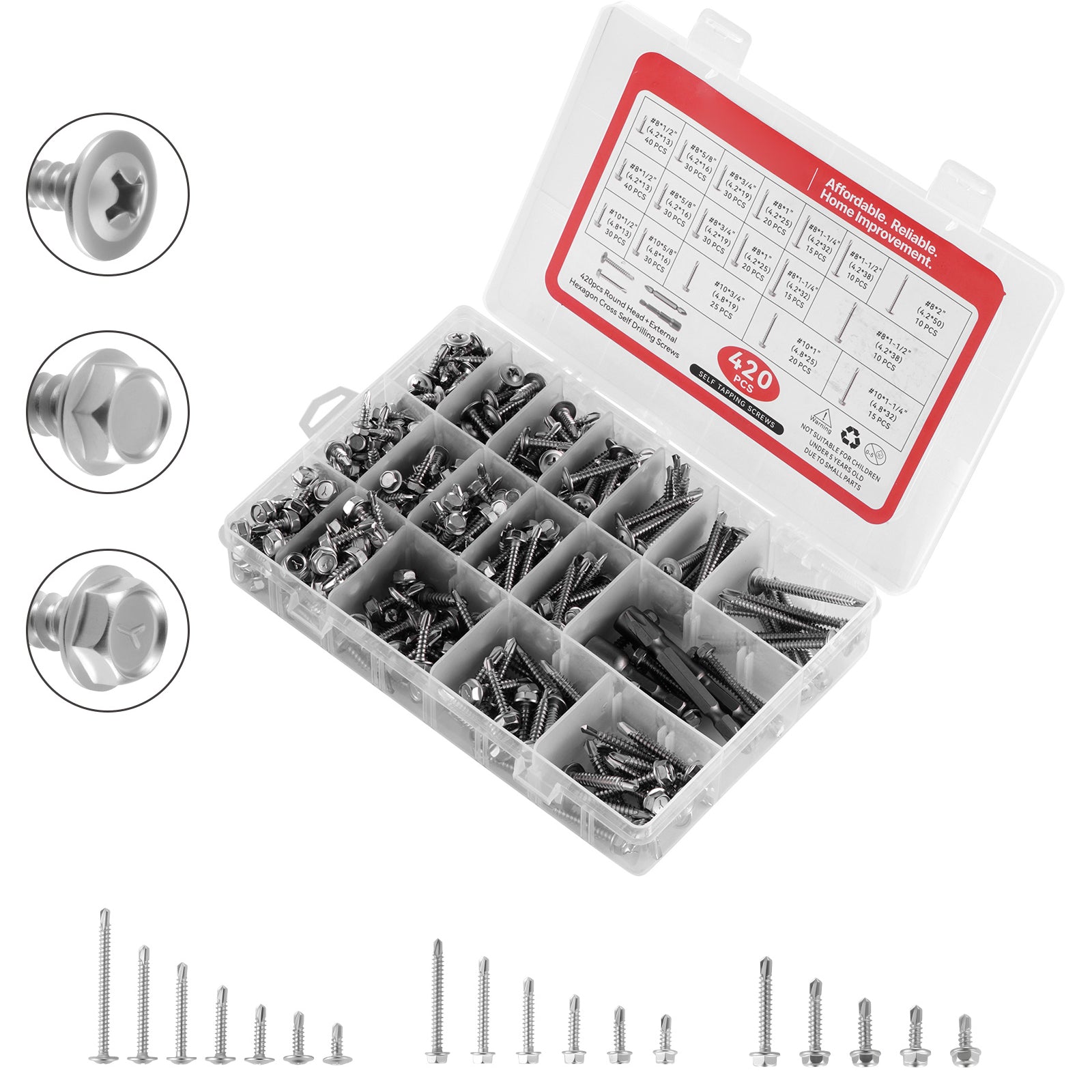 420 Pc Self Drilling Screw Assortment Set #8 #10 Hex/Phillips Head 1/2 to 2 Inch