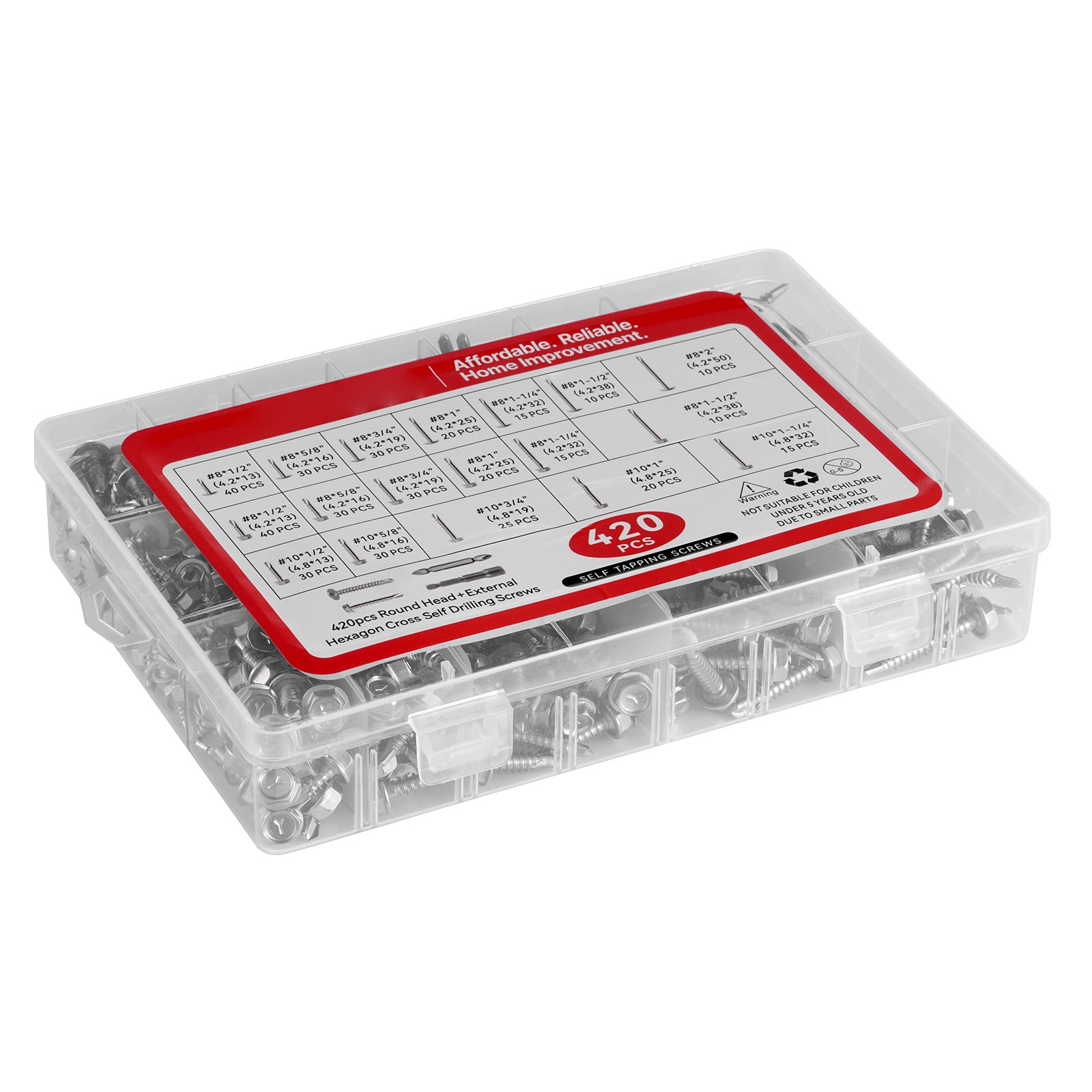 420 Pc Self Drilling Screw Assortment Set #8 #10 Hex/Phillips Head 1/2 to 2 Inch