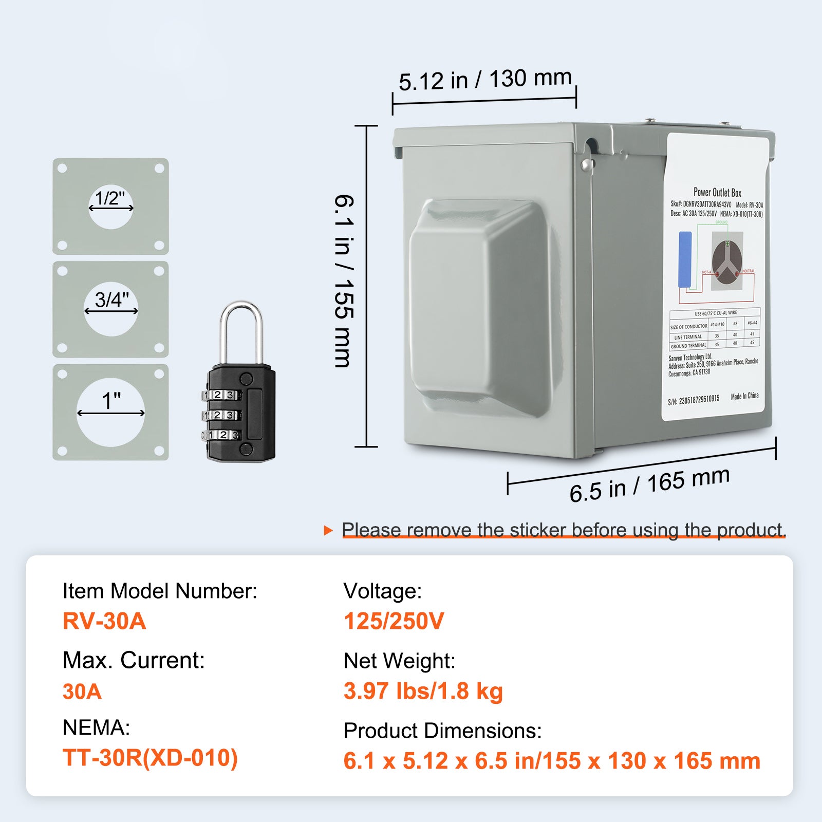 30 Amp RV Power Outlet Box, 125/250 Volt, Enclosed Lockable Outdoor RV Receptacle Box, NEMA TT-30R Weatherproof Electrical Panel, for RV Camper Trailer Motorhome Tested to UL Standards