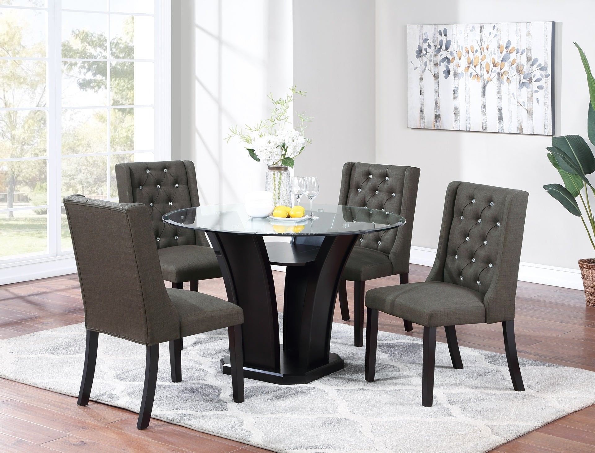 Modern Fabric / Polyfiber Ash Black Tufted Set of 2 Chairs Dining Seat Chair Rubber wood MDF Kitchen Dining Room Wingback Design