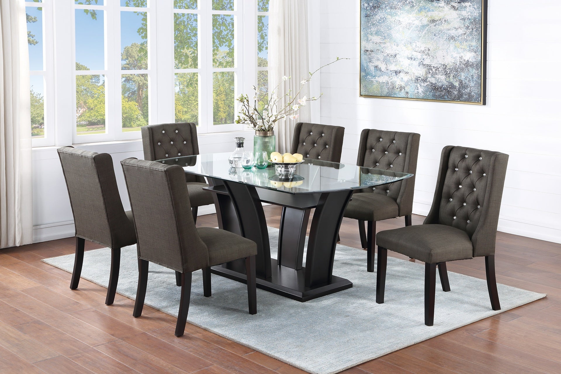 Modern Fabric / Polyfiber Ash Black Tufted Set of 2 Chairs Dining Seat Chair Rubber wood MDF Kitchen Dining Room Wingback Design