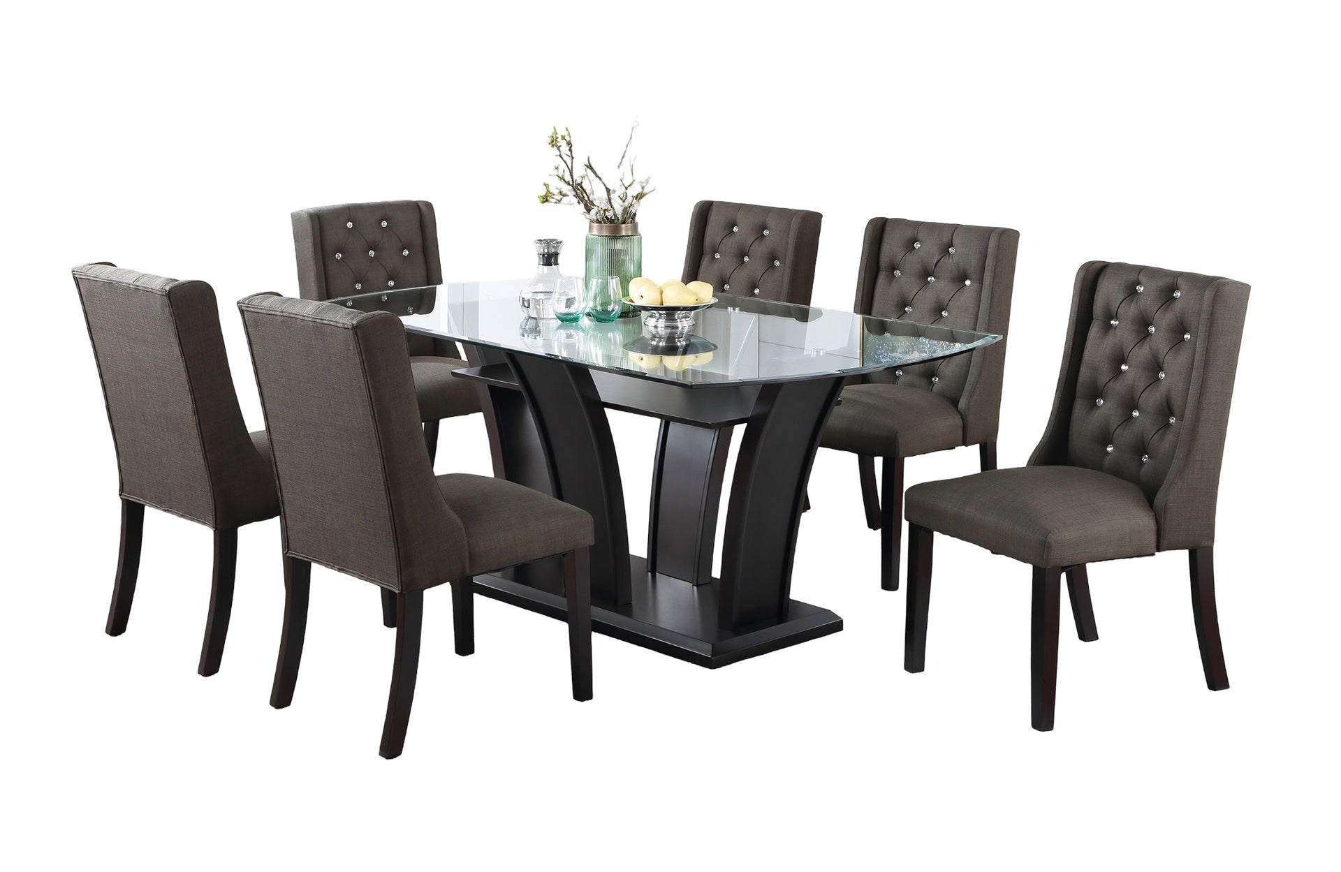 Modern Fabric / Polyfiber Ash Black Tufted Set of 2 Chairs Dining Seat Chair Rubber wood MDF Kitchen Dining Room Wingback Design