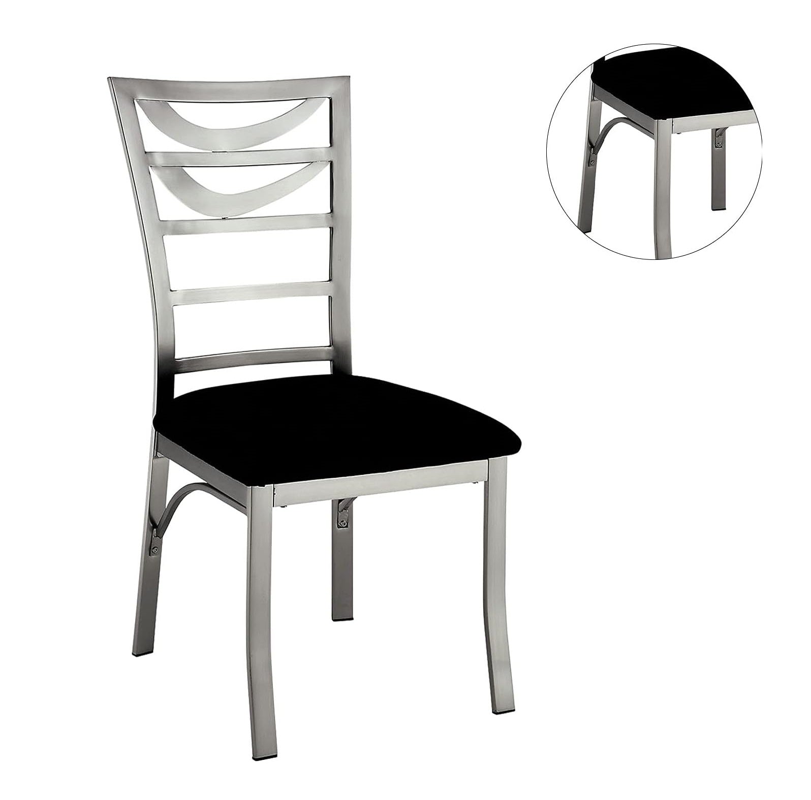 Contemporary Silver Metal 2pc Dining Chairs Black Microfiber Seat Dining Room Ladder Back Chair Satin Plated Powder Coating