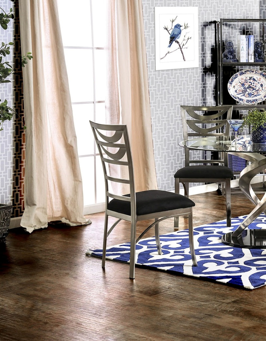 Contemporary Silver Metal 2pc Dining Chairs Black Microfiber Seat Dining Room Ladder Back Chair Satin Plated Powder Coating
