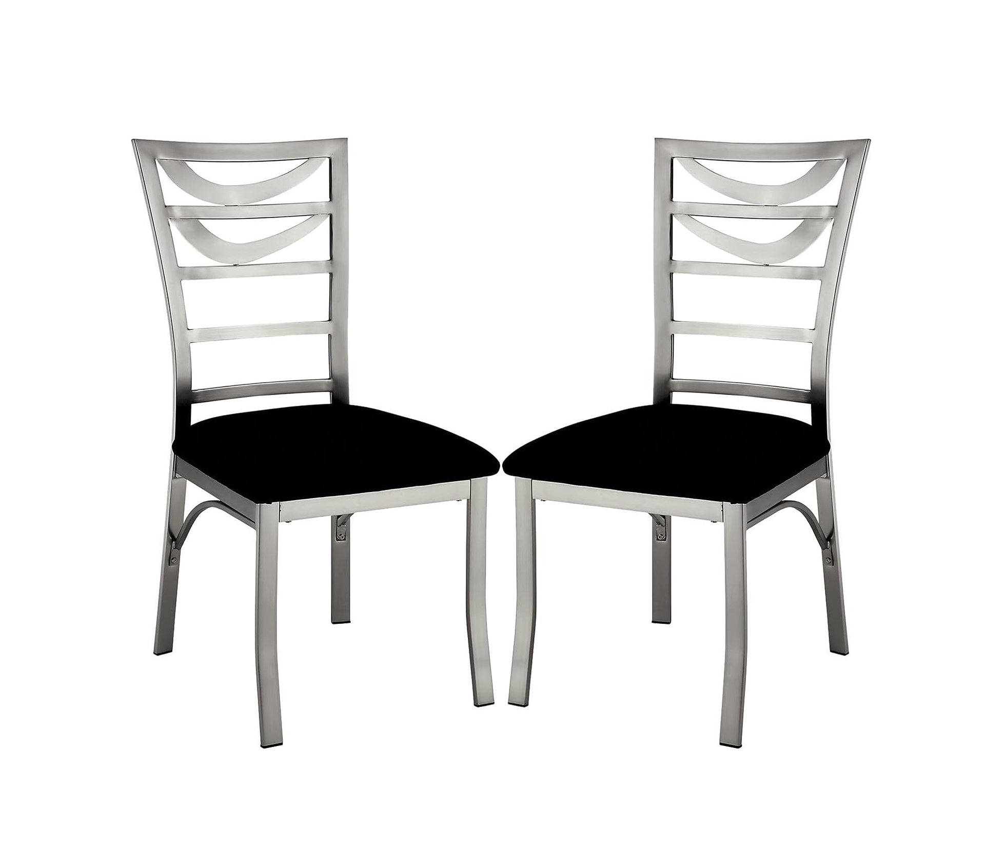Contemporary Silver Metal 2pc Dining Chairs Black Microfiber Seat Dining Room Ladder Back Chair Satin Plated Powder Coating