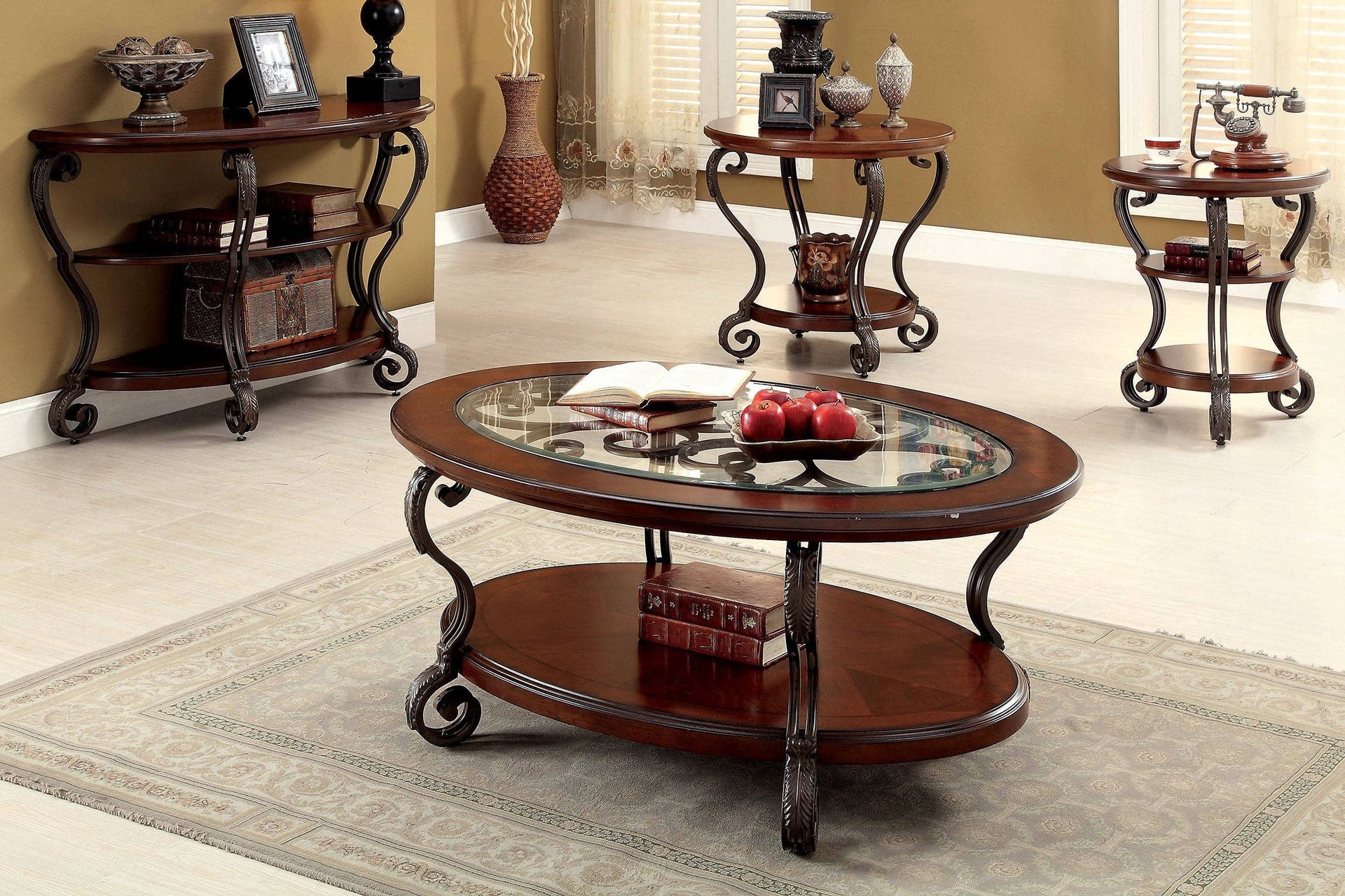 Traditional Style Brown Cherry 1pc Sofa Table Open Bottom Shelf Ornate Design Living Room Furniture