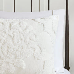 3 Piece Tufted Cotton Chenille Damask Comforter Set Off-White Full/Queen