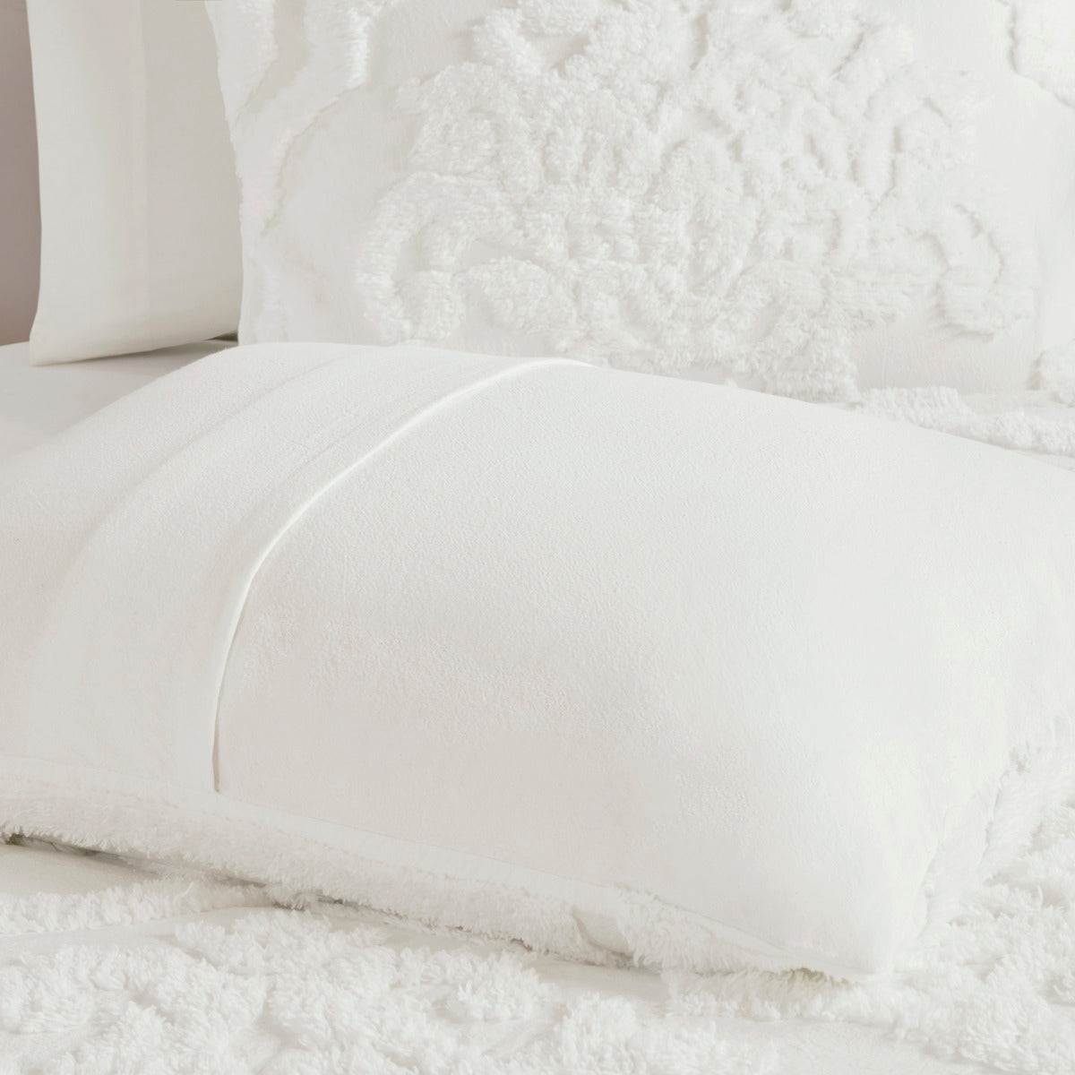 3 Piece Tufted Cotton Chenille Damask Comforter Set Off-White Full/Queen