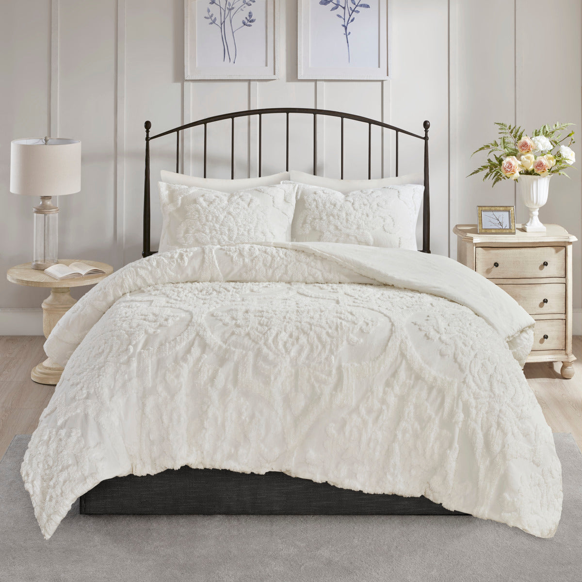 3 Piece Tufted Cotton Chenille Damask Comforter Set Off-White Full/Queen