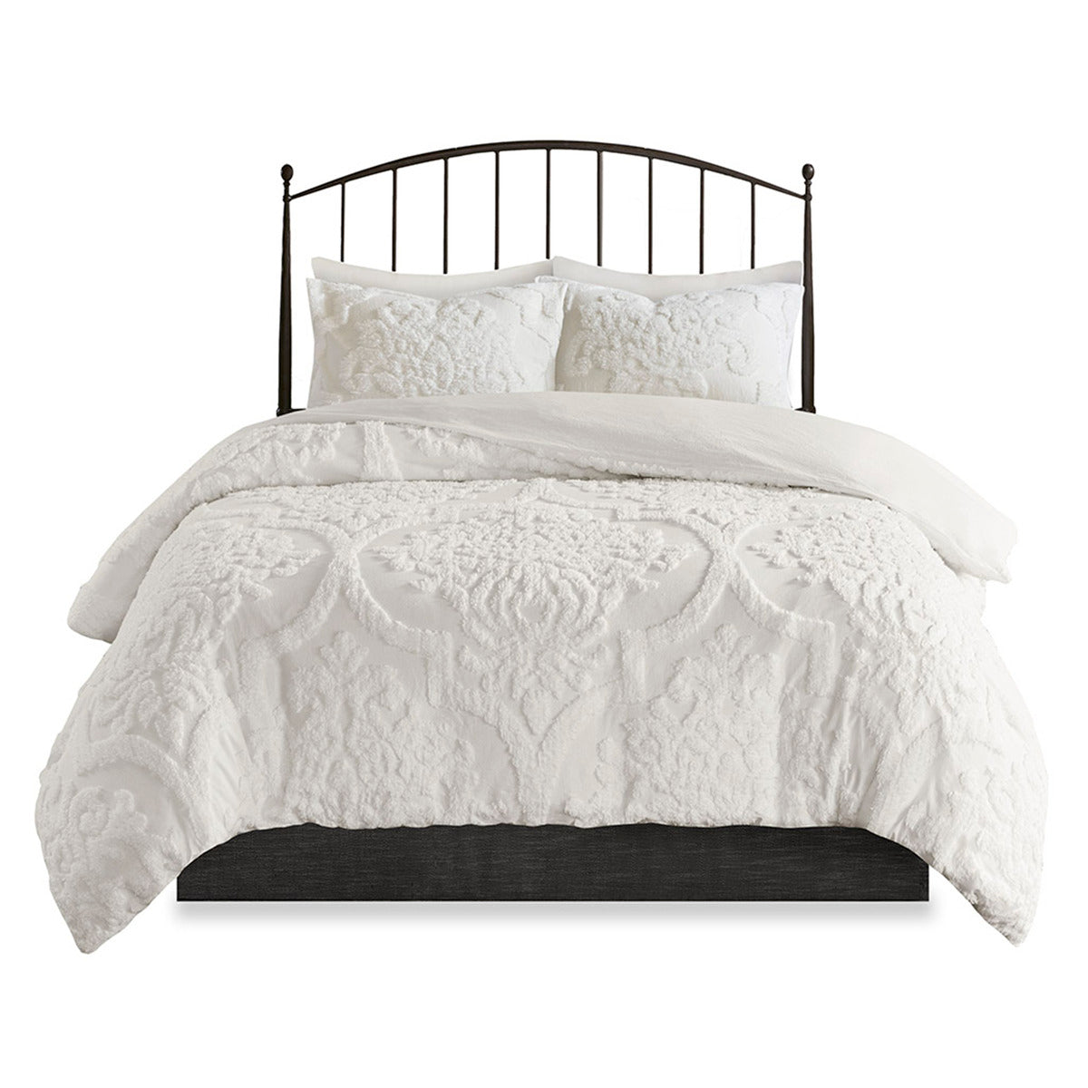 3 Piece Tufted Cotton Chenille Damask Comforter Set Off-White Full/Queen