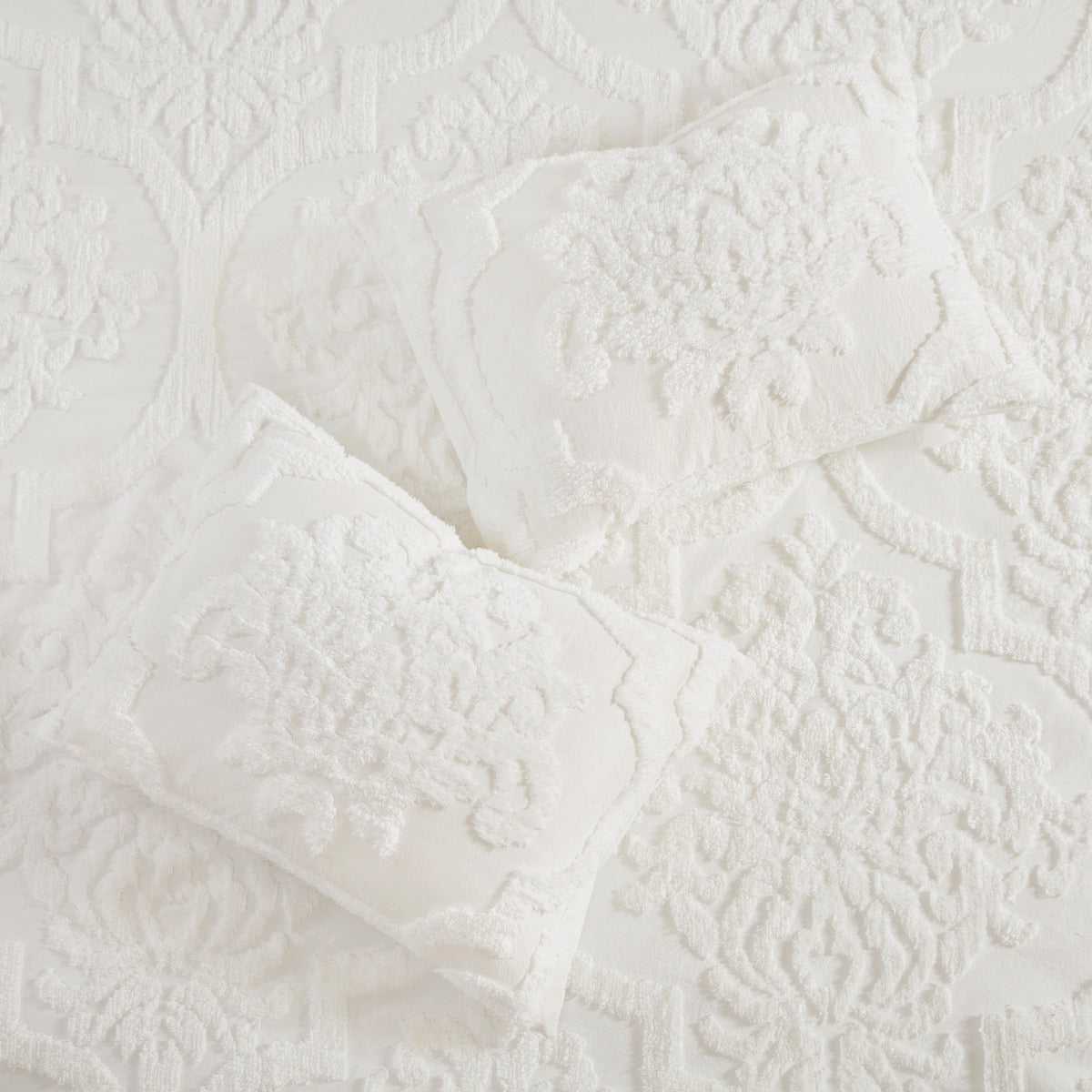 3 Piece Tufted Cotton Chenille Damask Comforter Set Off-White Full/Queen