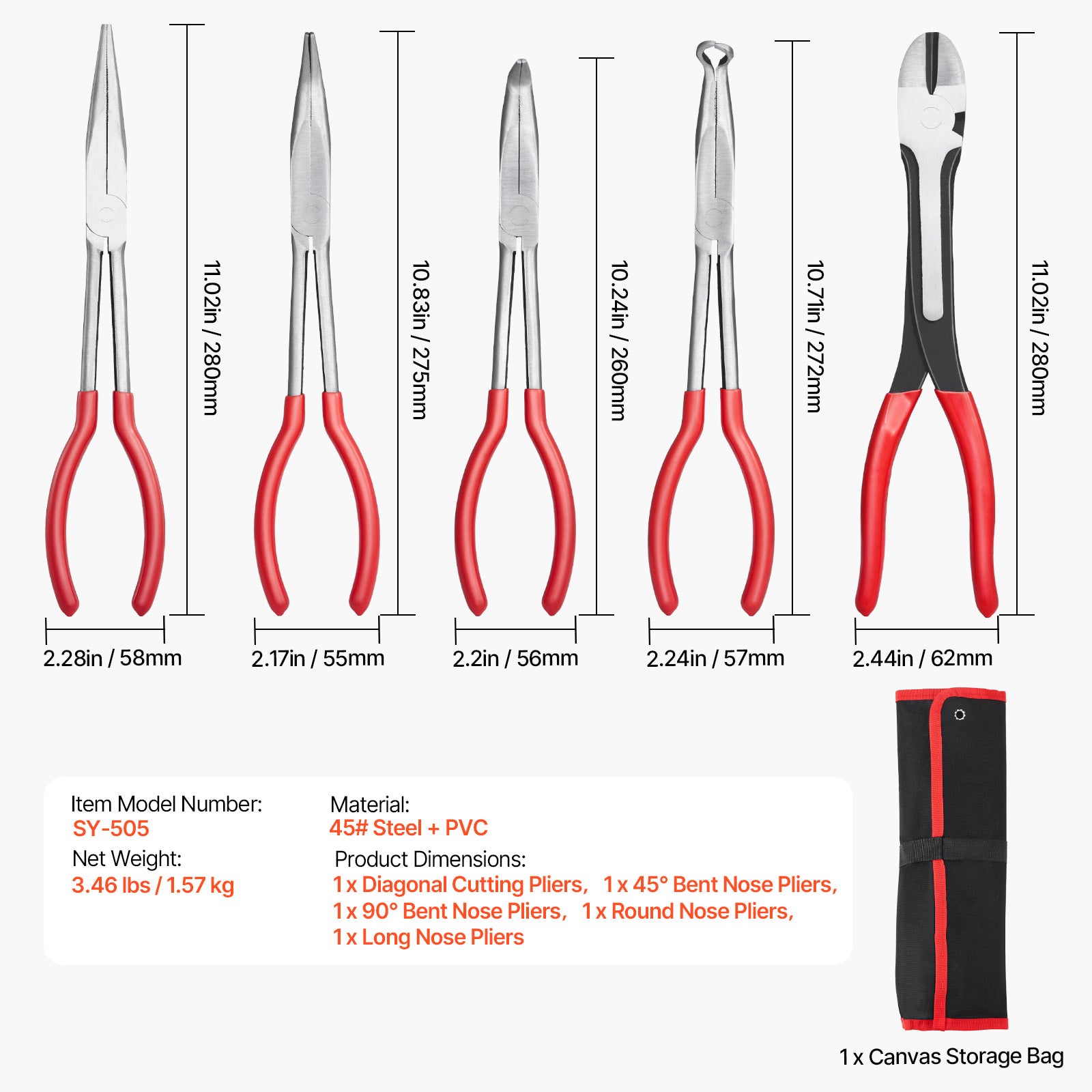 5 Pcs Needle Nose Pliers 11 inch Long Needle Nose Plier Set with Storage Bag