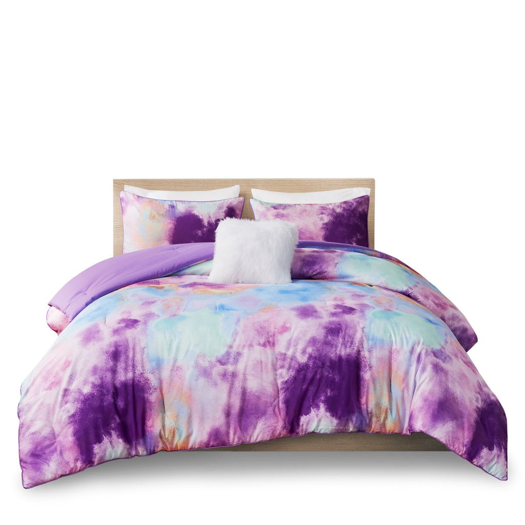 Full/Queen Watercolor Tie Dye Printed Comforter Set with Throw Pillow