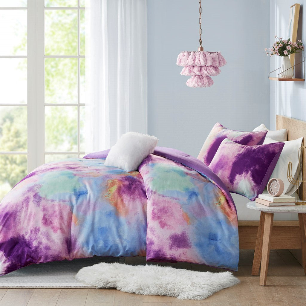Full/Queen Watercolor Tie Dye Printed Comforter Set with Throw Pillow