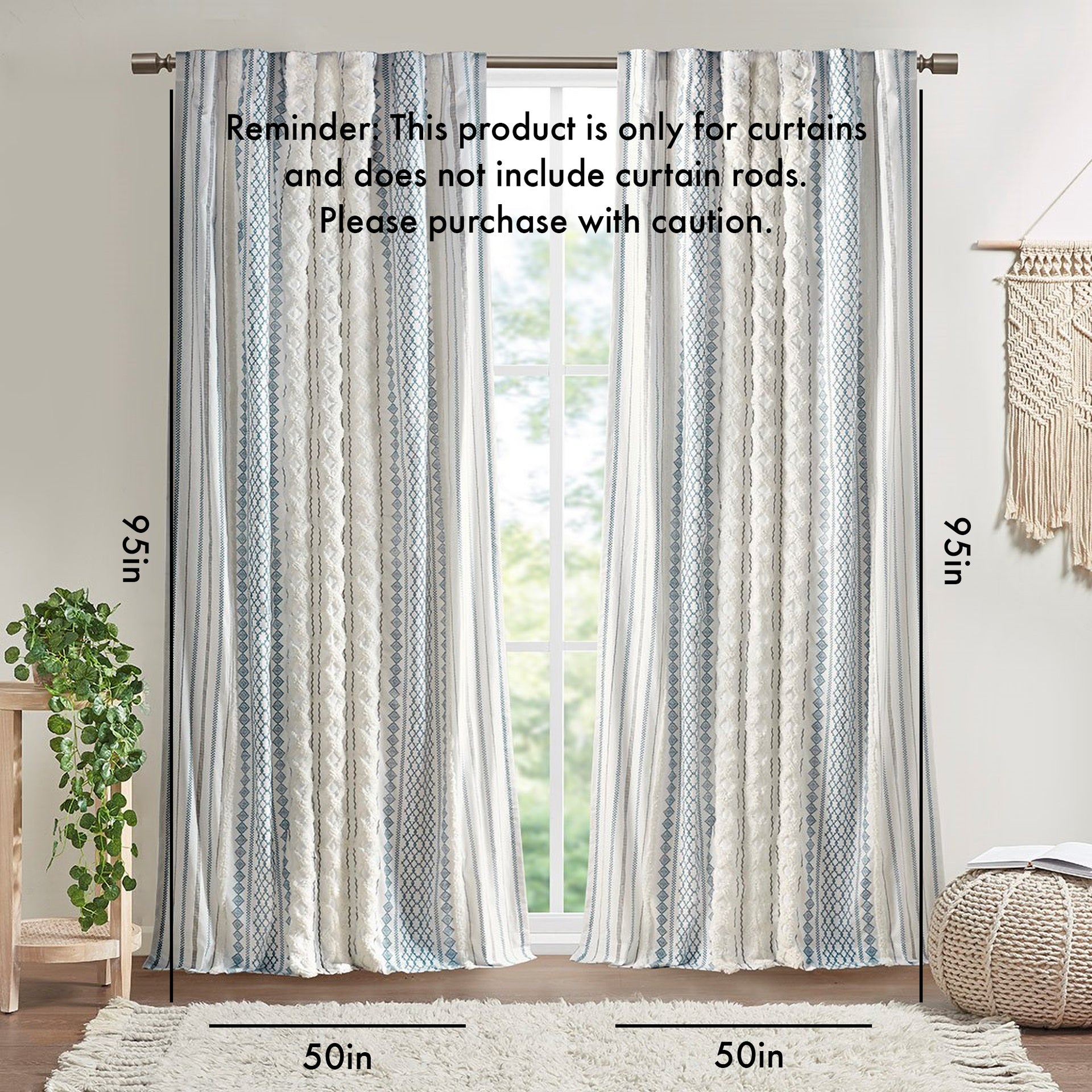 Cotton Printed Curtain Panel with Chenille Stripe and Lining White/Navy 50x95 inch