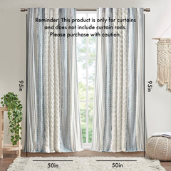 Cotton Printed Curtain Panel with Chenille Stripe and Lining White/Navy 50x95 inch