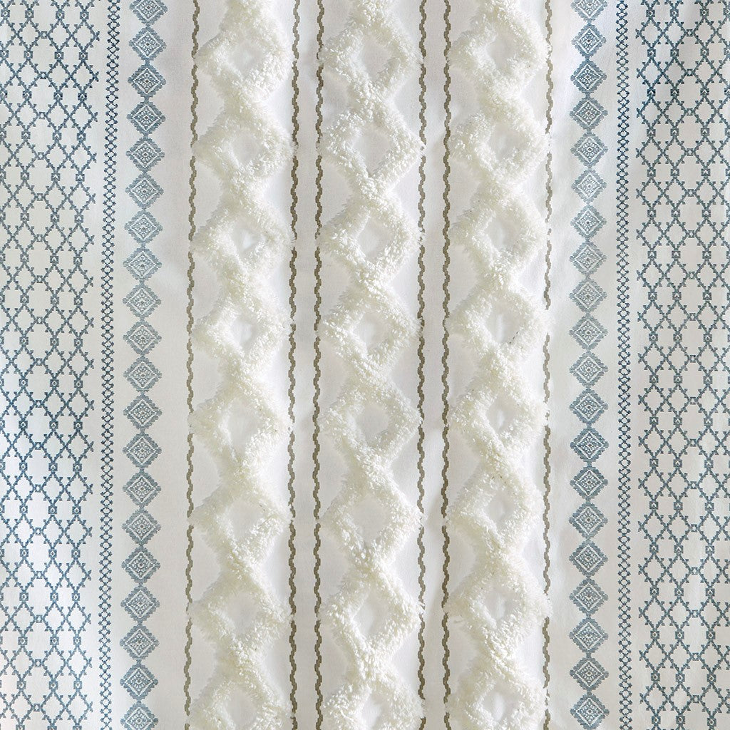 Cotton Printed Curtain Panel with Chenille Stripe and Lining White/Navy 50x95 inch