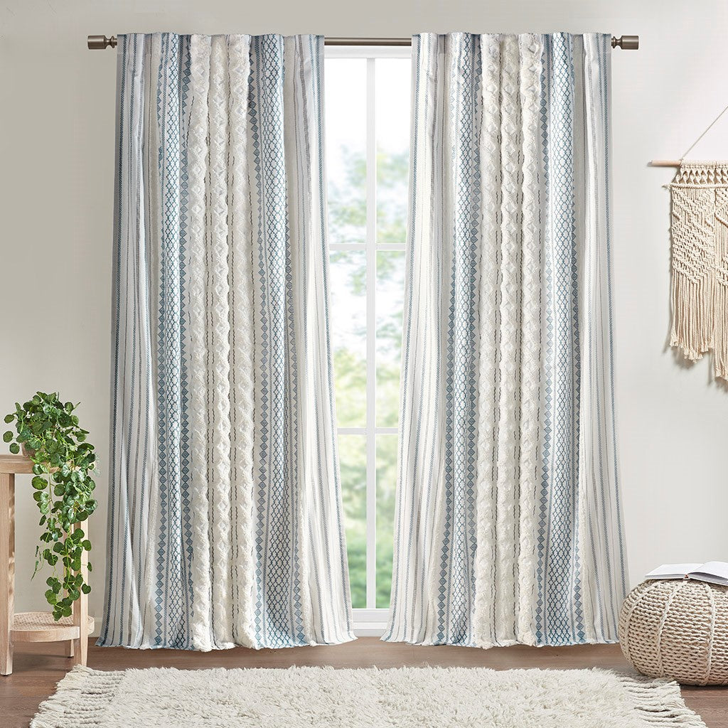 Cotton Printed Curtain Panel with Chenille Stripe and Lining White/Navy 50x95 inch